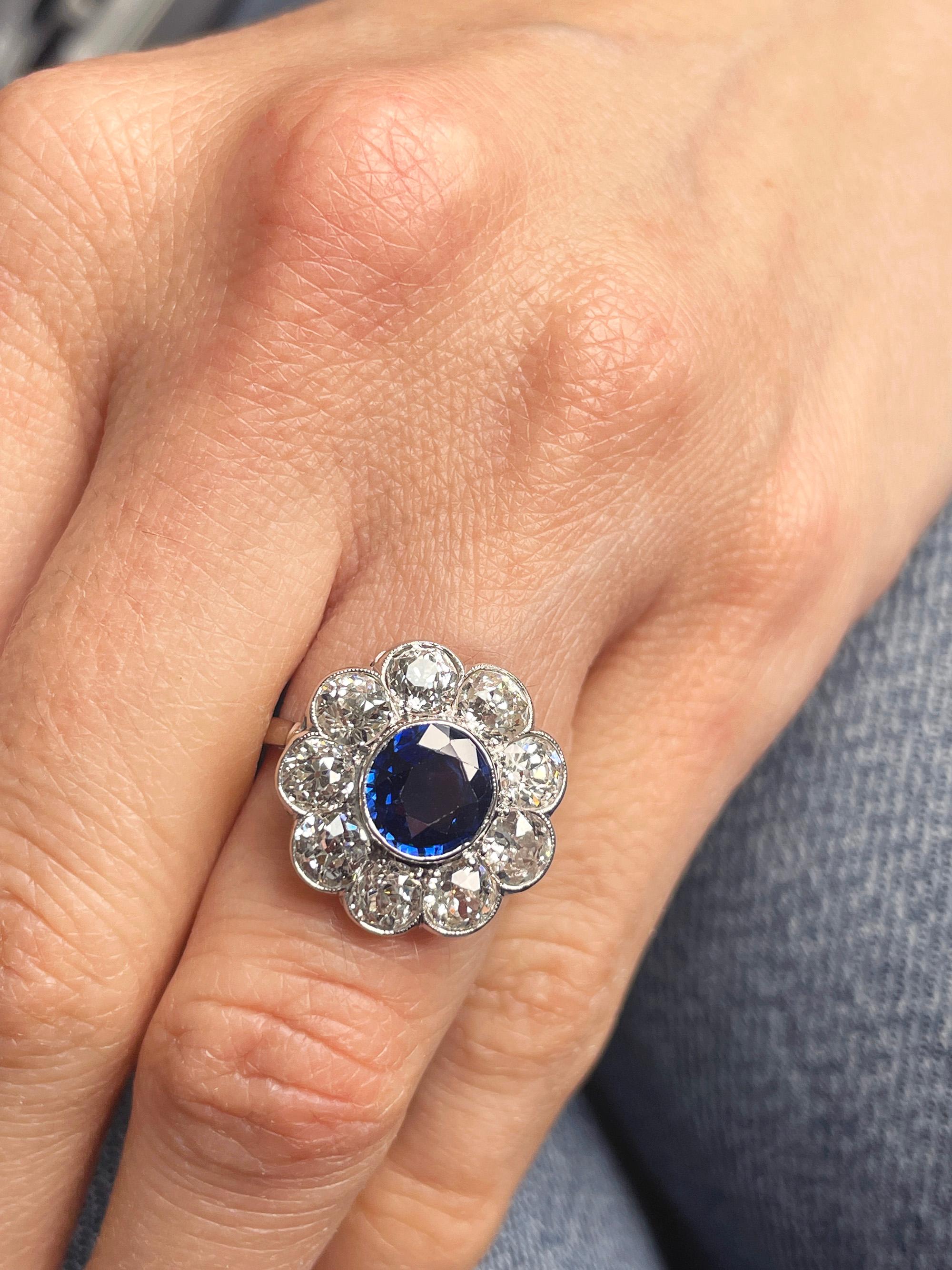 Antique GIA 5.20ctw Ceylon Sapphire Old European Diamond Cluster 18KWG Ring For Sale 9