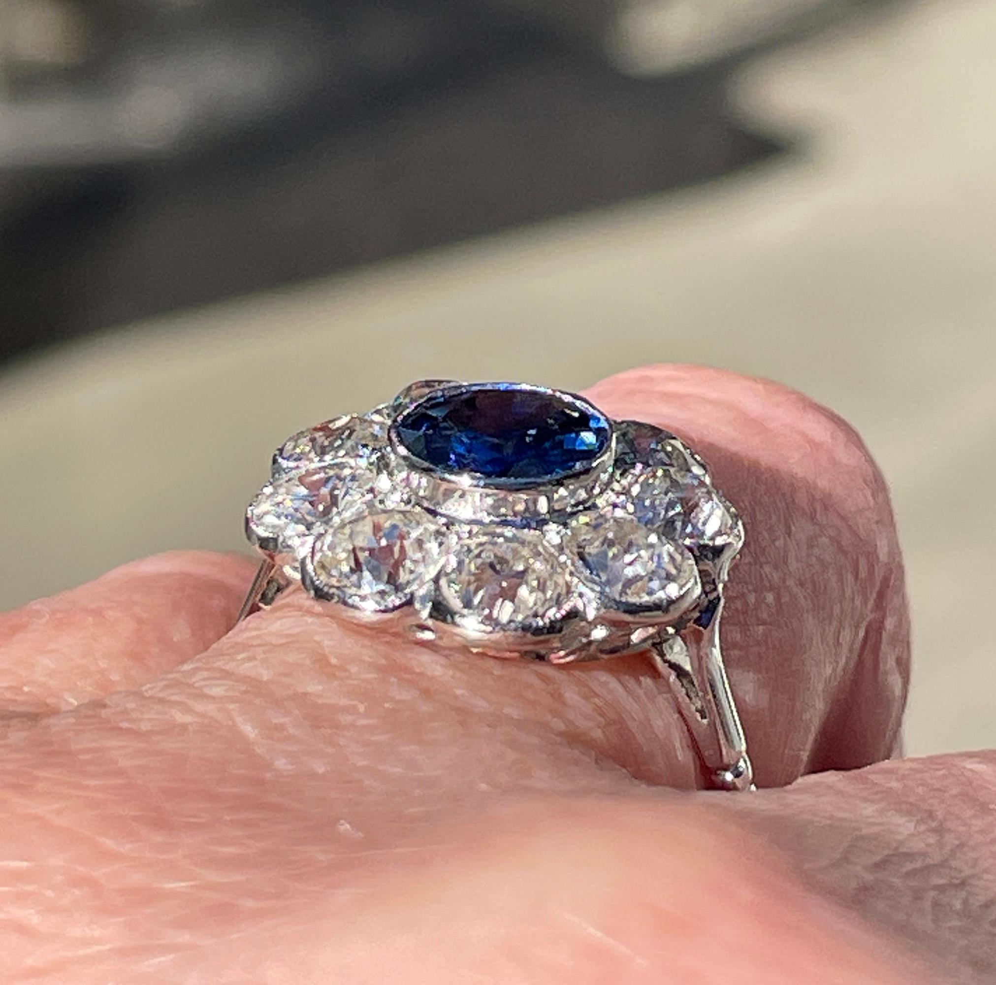 Antique GIA 5.20ctw Ceylon Sapphire Old European Diamond Cluster 18KWG Ring For Sale 10