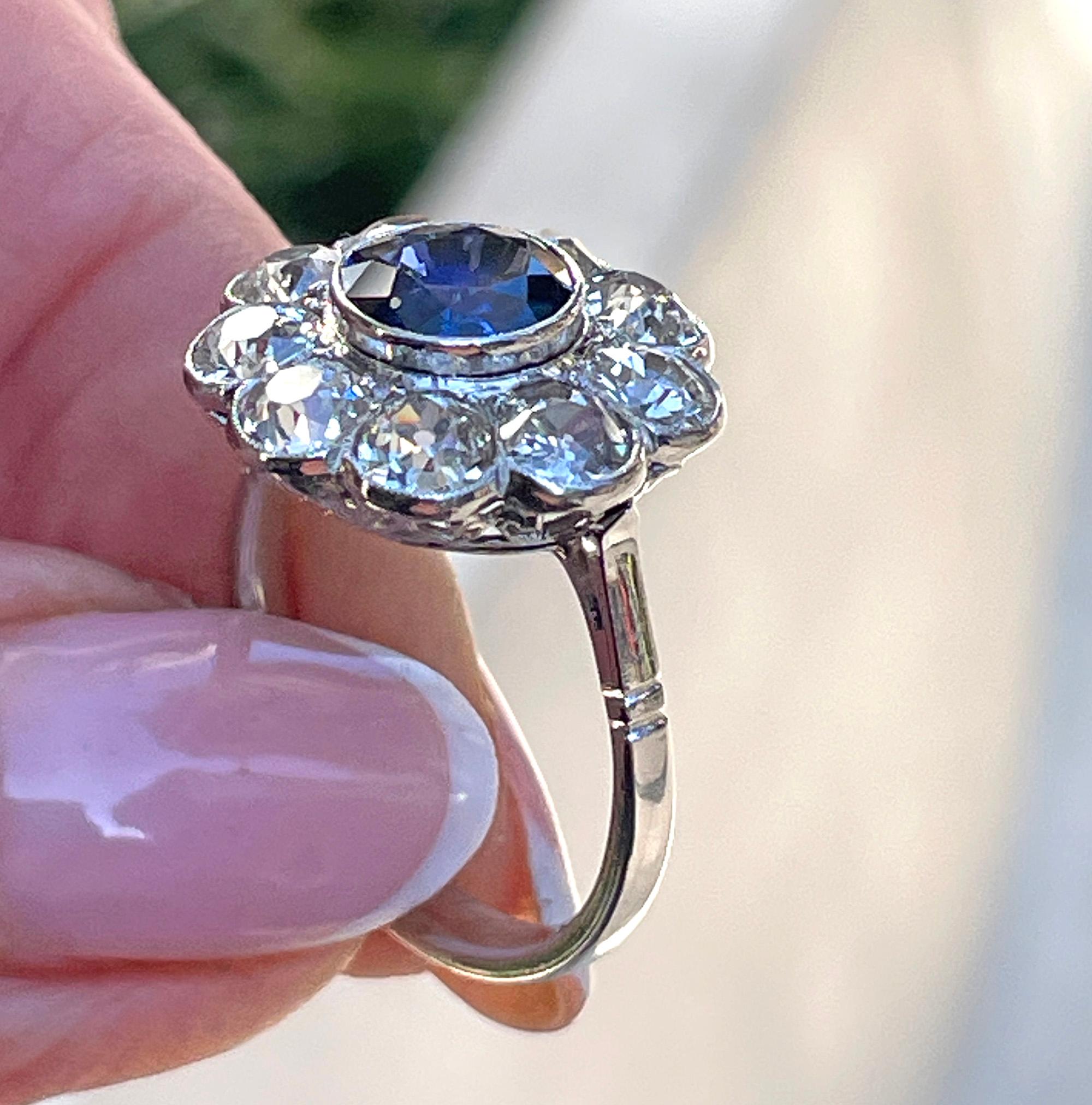 Antique GIA 5.20ctw Ceylon Sapphire Old European Diamond Cluster 18KWG Ring For Sale 11