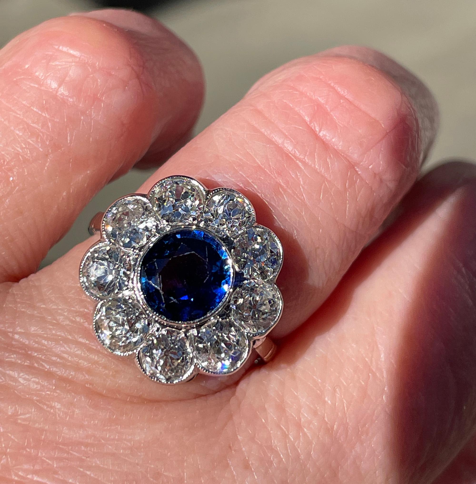 Antique GIA 5.20ctw Ceylon Sapphire Old European Diamond Cluster 18KWG Ring For Sale 12