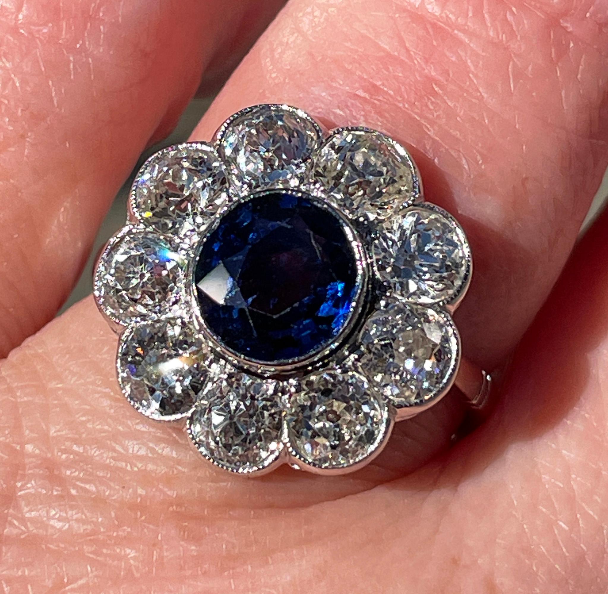 Antique GIA 5.20ctw Ceylon Sapphire Old European Diamond Cluster 18KWG Ring For Sale 13