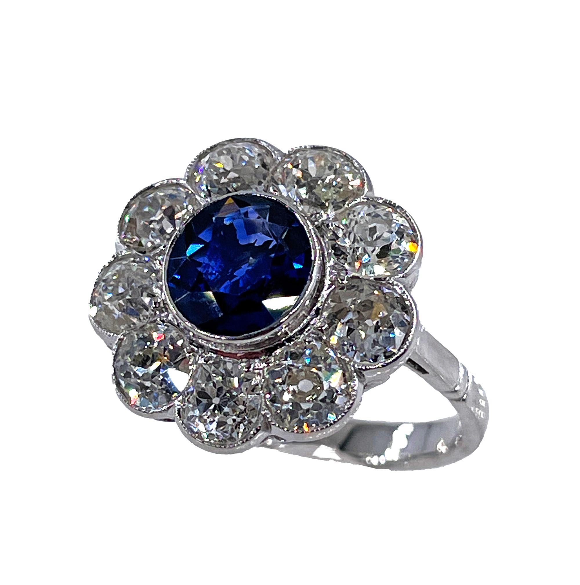 Edwardian Antique GIA 5.20ctw Ceylon Sapphire Old European Diamond Cluster 18KWG Ring For Sale
