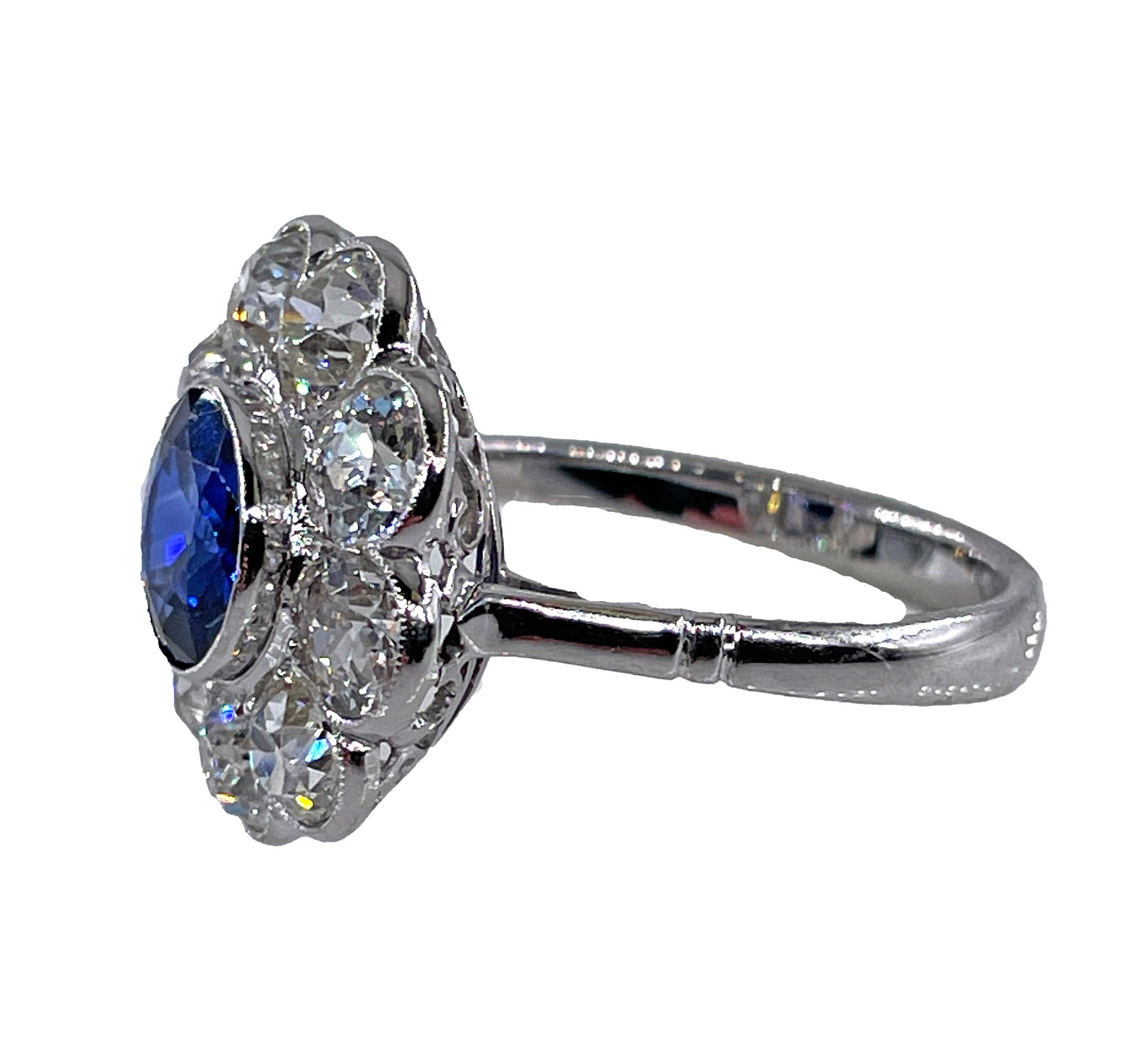 Old European Cut Antique GIA 5.20ctw Ceylon Sapphire Old European Diamond Cluster 18KWG Ring For Sale