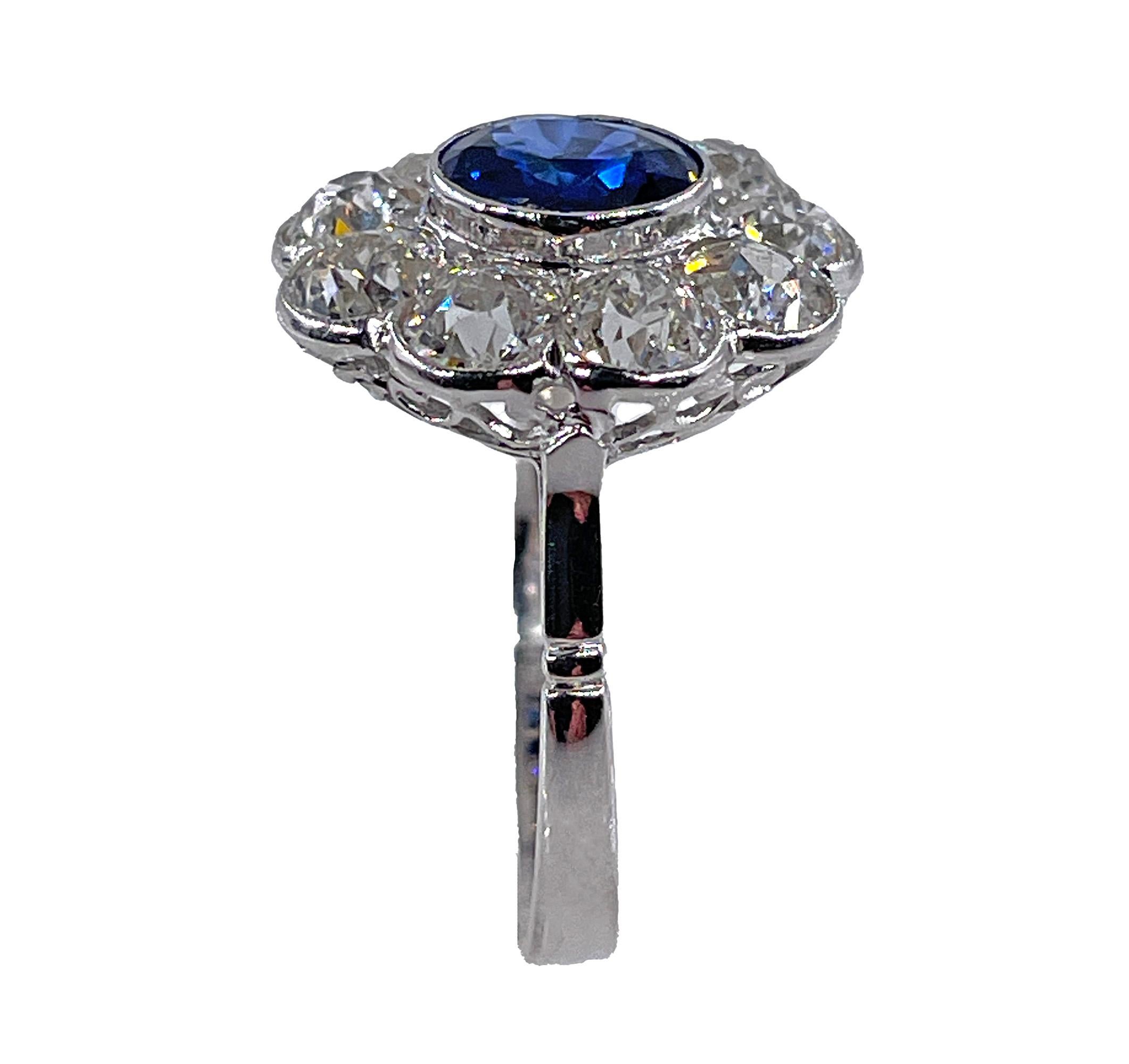 Antique GIA 5.20ctw Ceylon Sapphire Old European Diamond Cluster 18KWG Ring In Good Condition For Sale In New York, NY