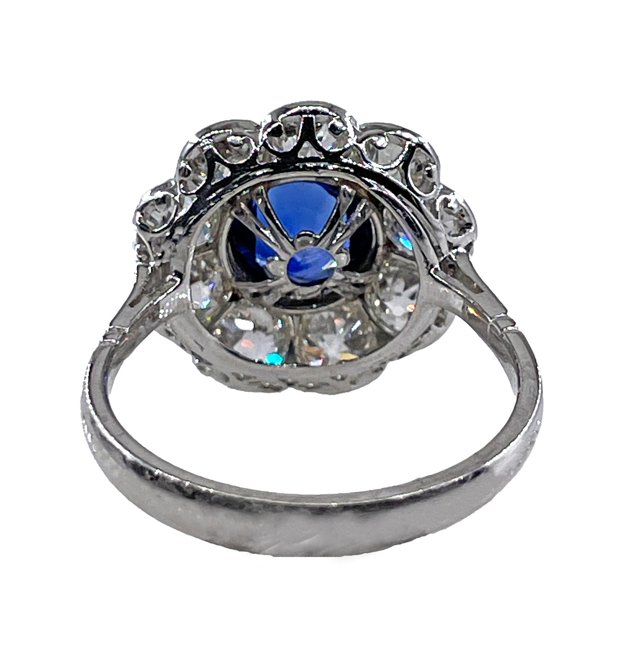 Antique GIA 5.20ctw Ceylon Sapphire Old European Diamond Cluster 18KWG Ring For Sale 1