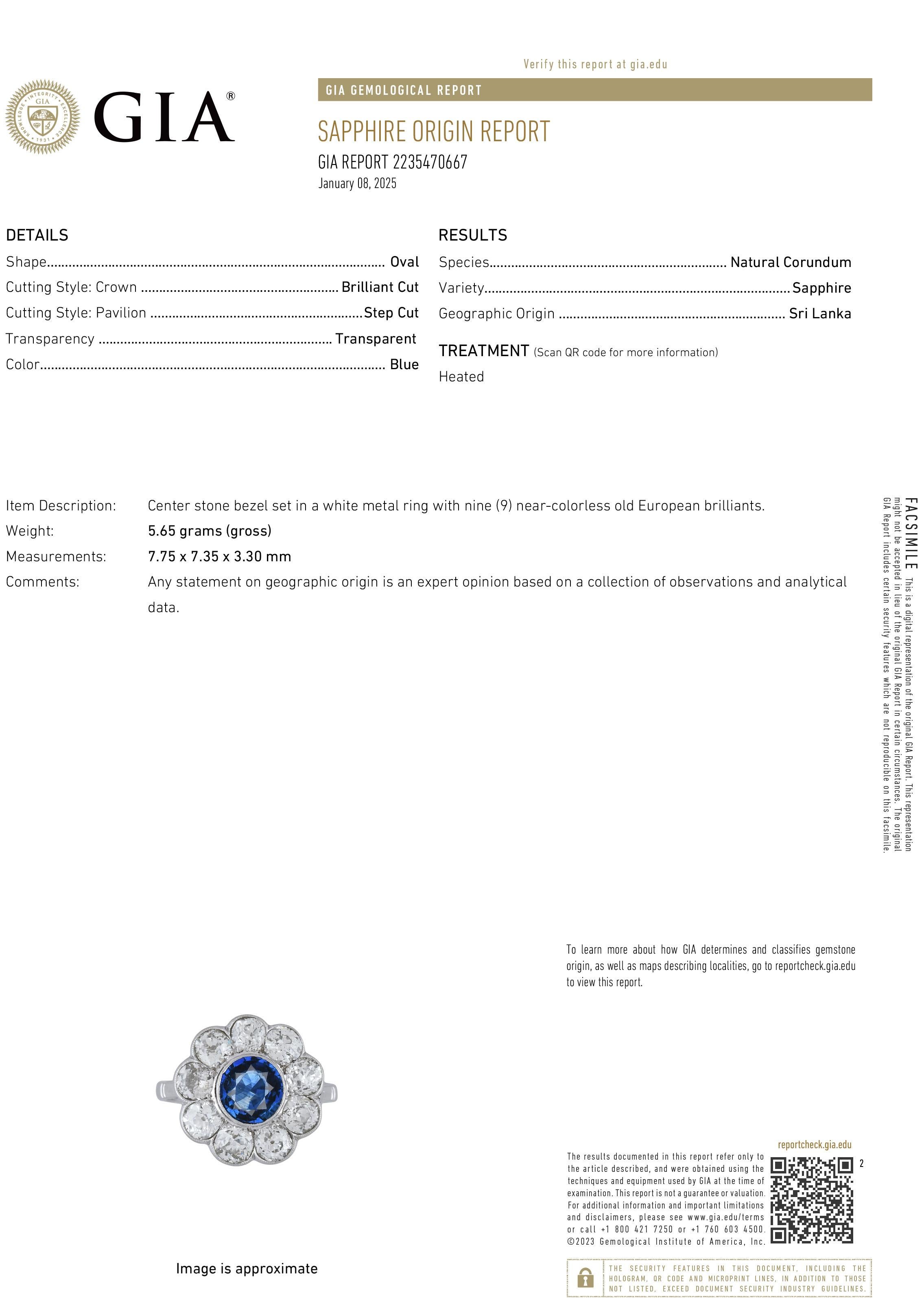 Antique GIA 5.20ctw Ceylon Sapphire Old European Diamond Cluster 18KWG Ring For Sale 2