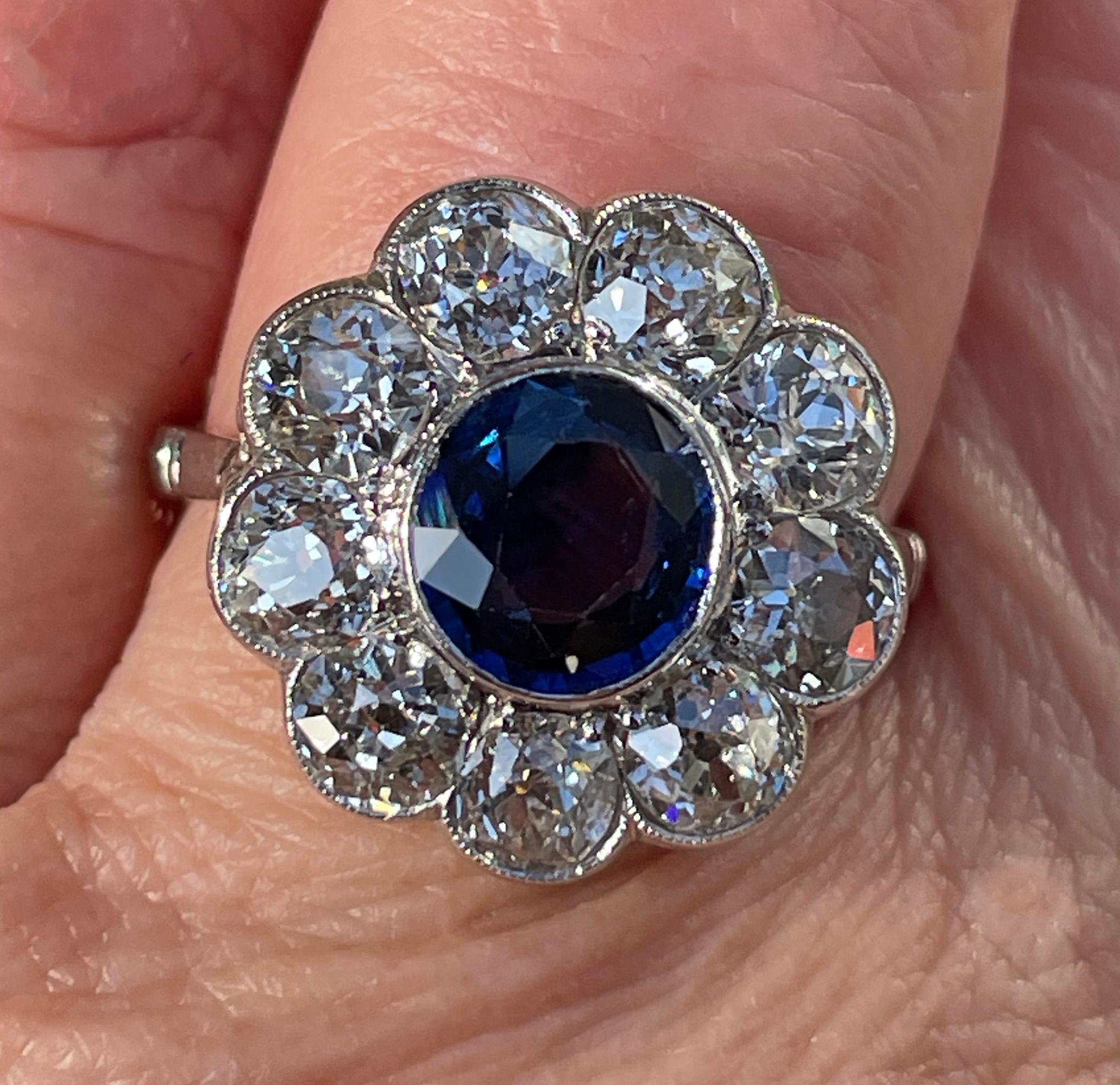 Antique GIA 5.20ctw Ceylon Sapphire Old European Diamond Cluster 18KWG Ring For Sale 3
