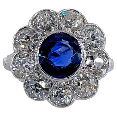 Antique GIA 5.20ctw Ceylon Sapphire Old European Diamond Cluster 18KWG Ring