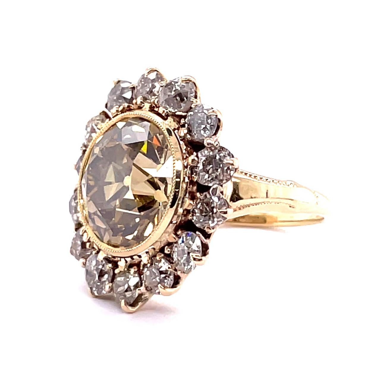 Antique GIA 5.79 Carat Old European Fancy Brown-Yellow Diamond Gold Cluster Ring In Excellent Condition In Beverly Hills, CA