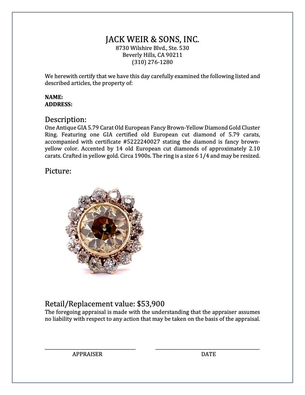 Antique GIA 5.79 Carat Old European Fancy Brown-Yellow Diamond Gold Cluster Ring 2
