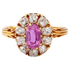 Antique GIA Burma No Heat Pink Sapphire and Diamond 18k Gold Cluster Ring