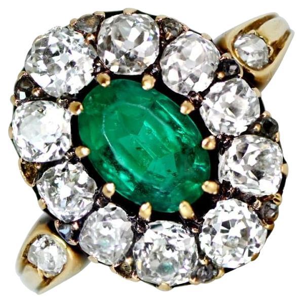 Antique GIA-Certified 1ct Oval Cut Emerald Ring, Diamond Halo, 18k Yellow Gold For Sale