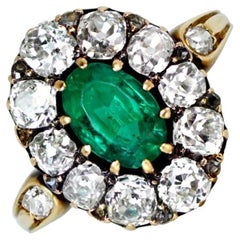Antique GIA-Certified 1ct Oval Cut Emerald Ring, Diamond Halo, 18k Yellow Gold