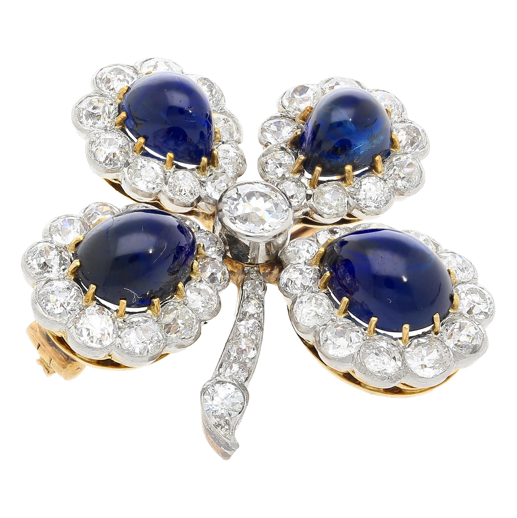 Victorian Antique GIA Certified 6 Carat Cabochon-Cut Sapphire and Diamond Floral Brooch For Sale