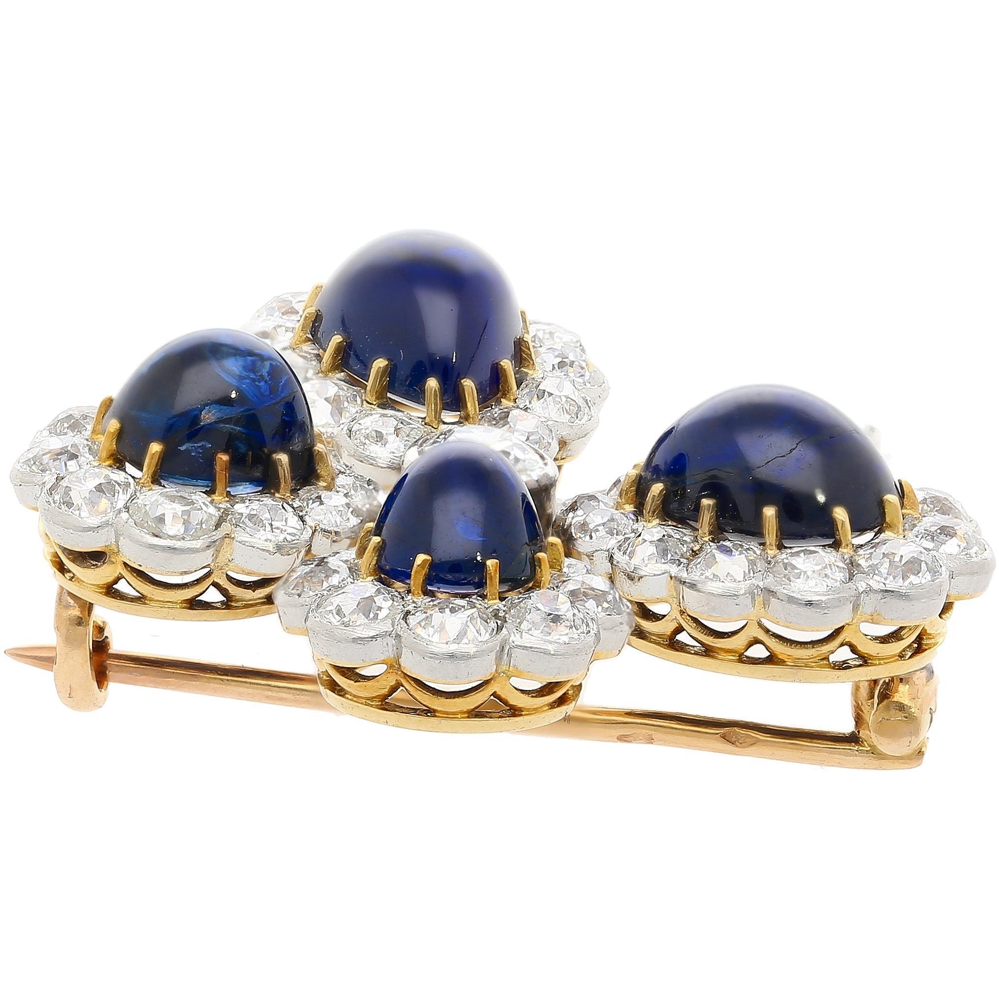 Antique GIA Certified 6 Carat Cabochon-Cut Sapphire and Diamond Floral Brooch In New Condition For Sale In Miami, FL