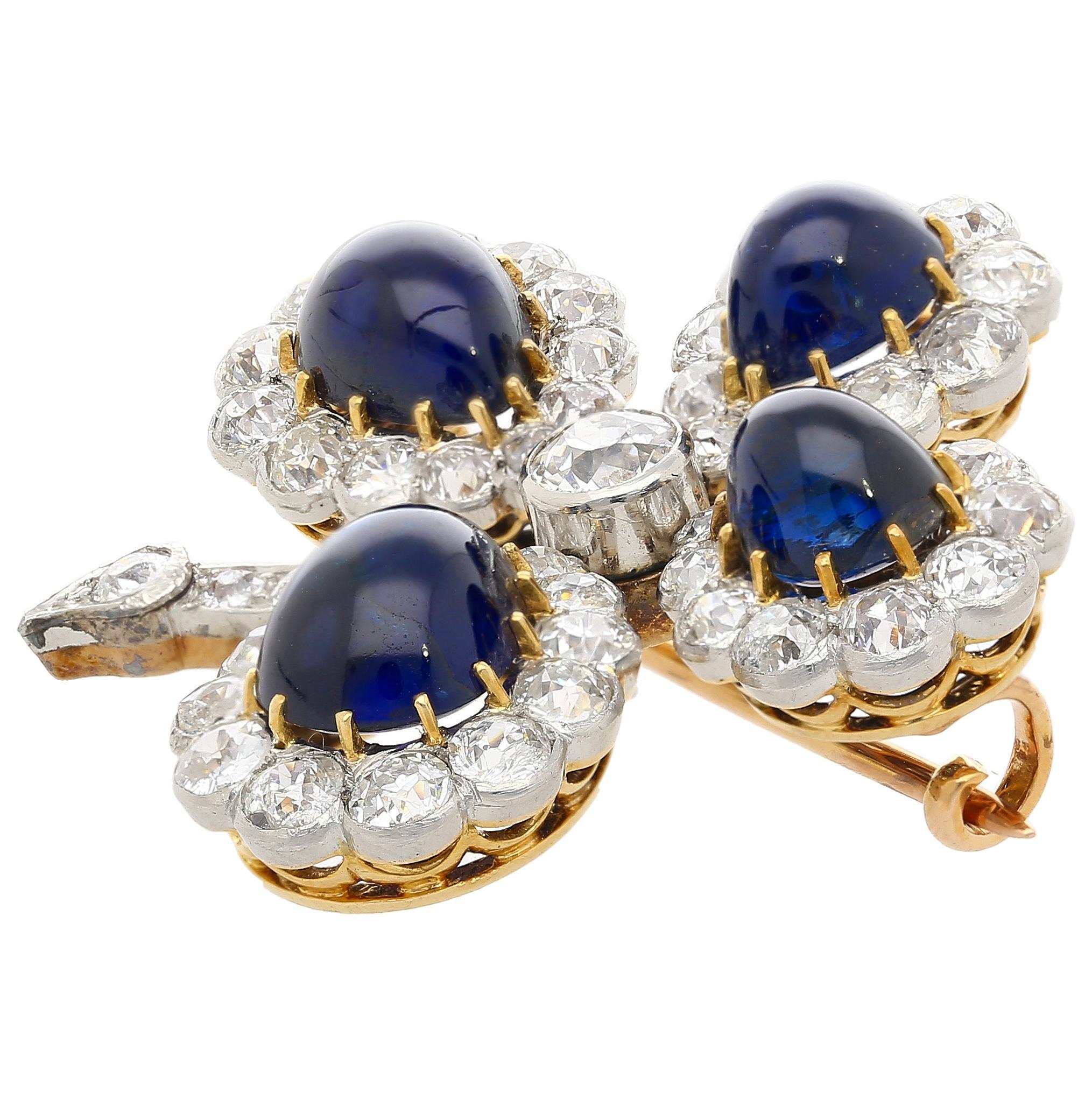 Women's Antique GIA Certified 6 Carat Cabochon-Cut Sapphire and Diamond Floral Brooch For Sale