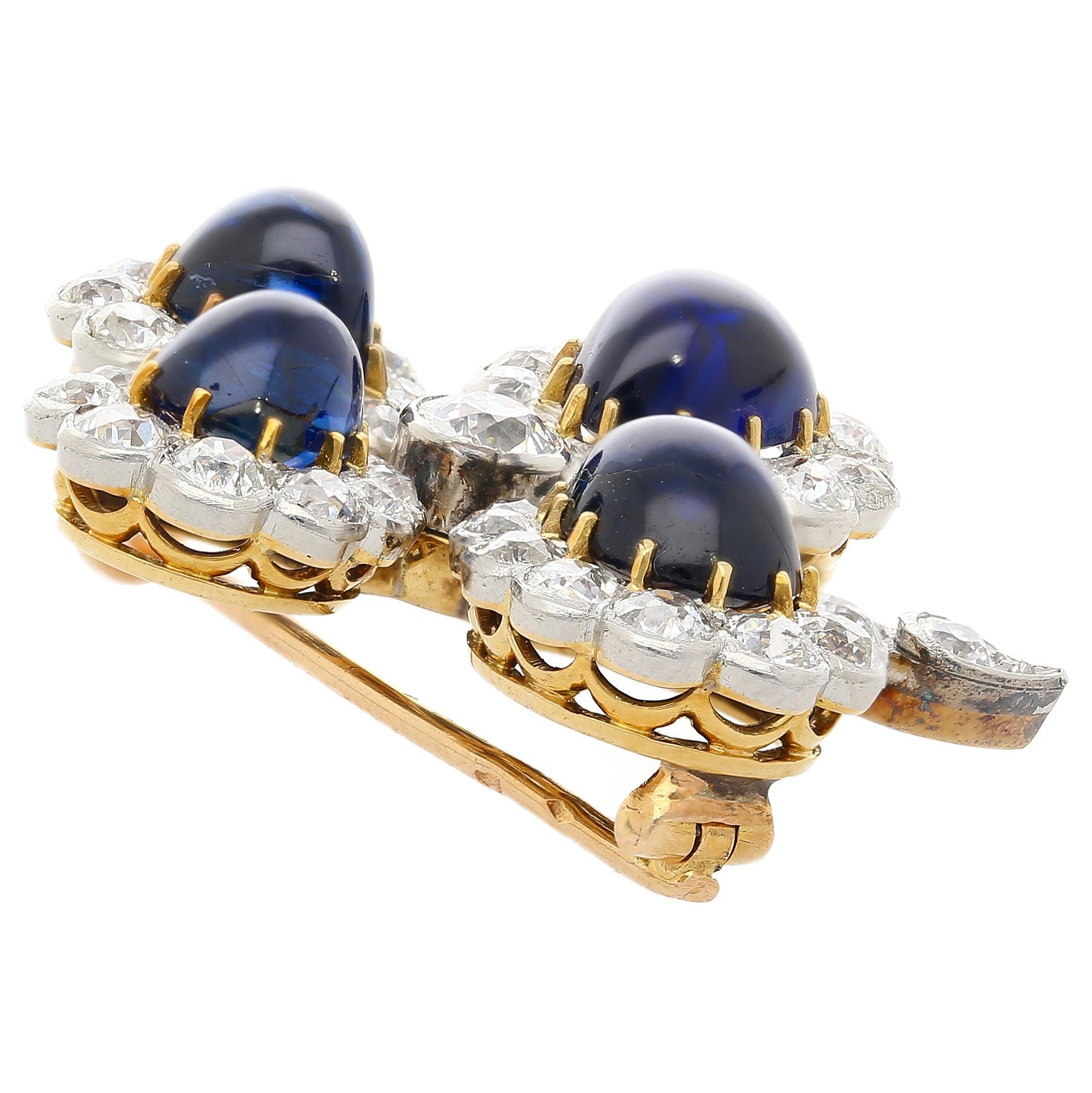 Antique GIA Certified 6 Carat Cabochon-Cut Sapphire and Diamond Floral Brooch For Sale 1
