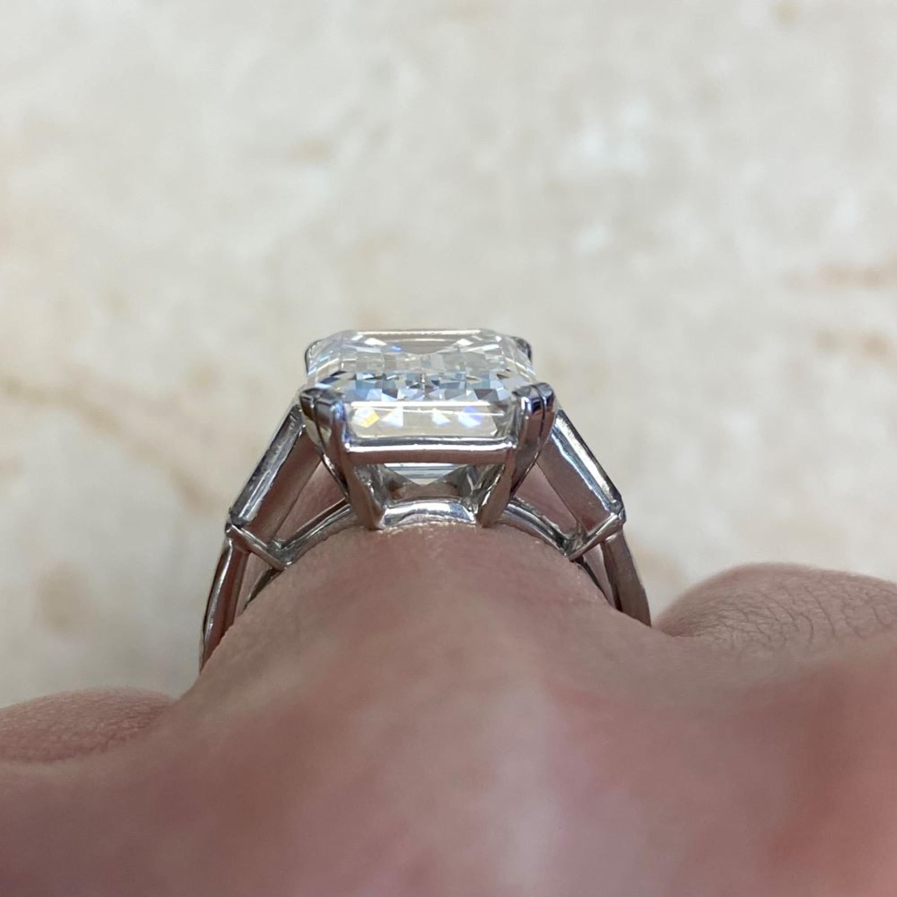 Modern Platinum GIA Certified 6.42 Carat Emerald Cut Diamond Three-Stone Ring For Sale
