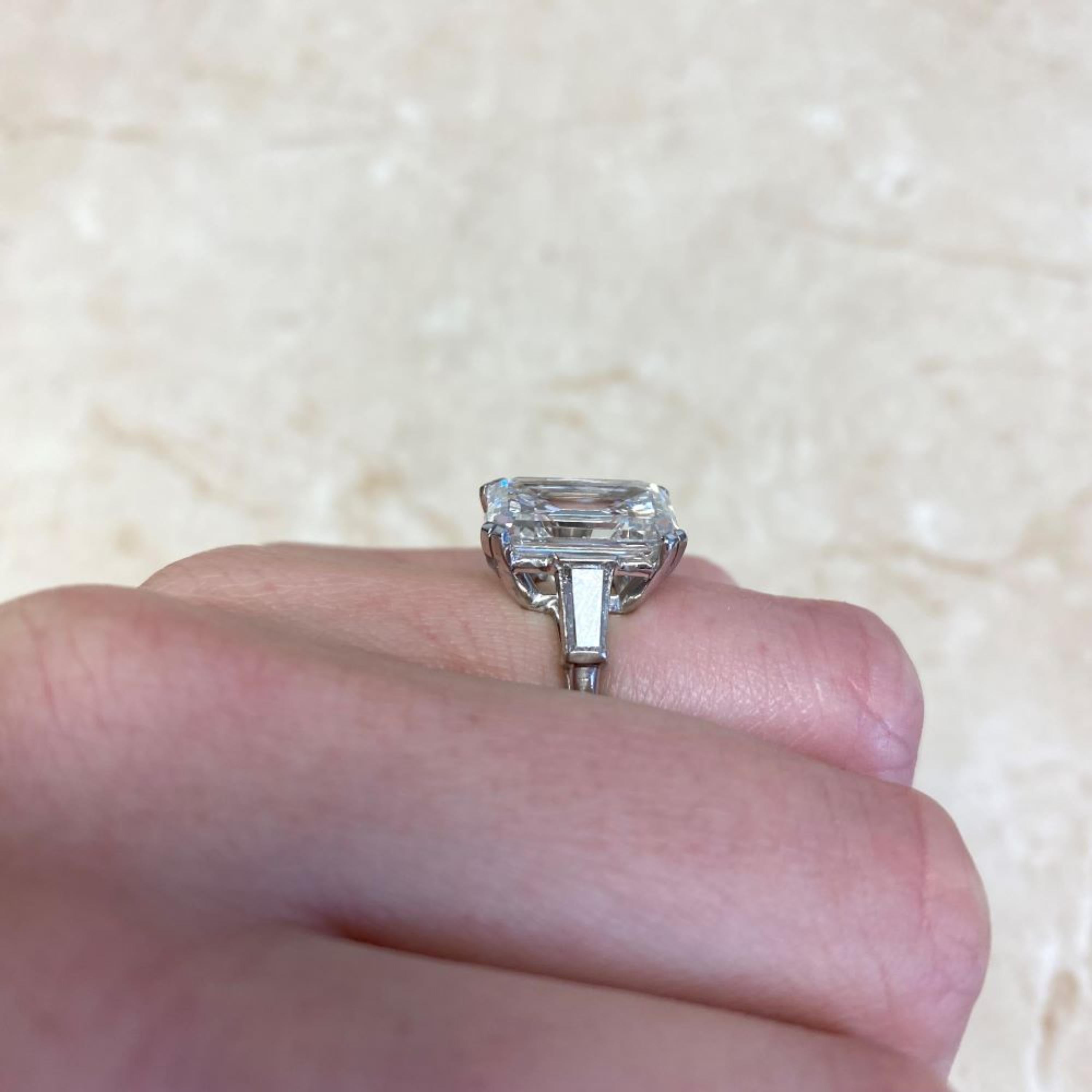 Women's Platinum GIA Certified 6.42 Carat Emerald Cut Diamond Three-Stone Ring For Sale