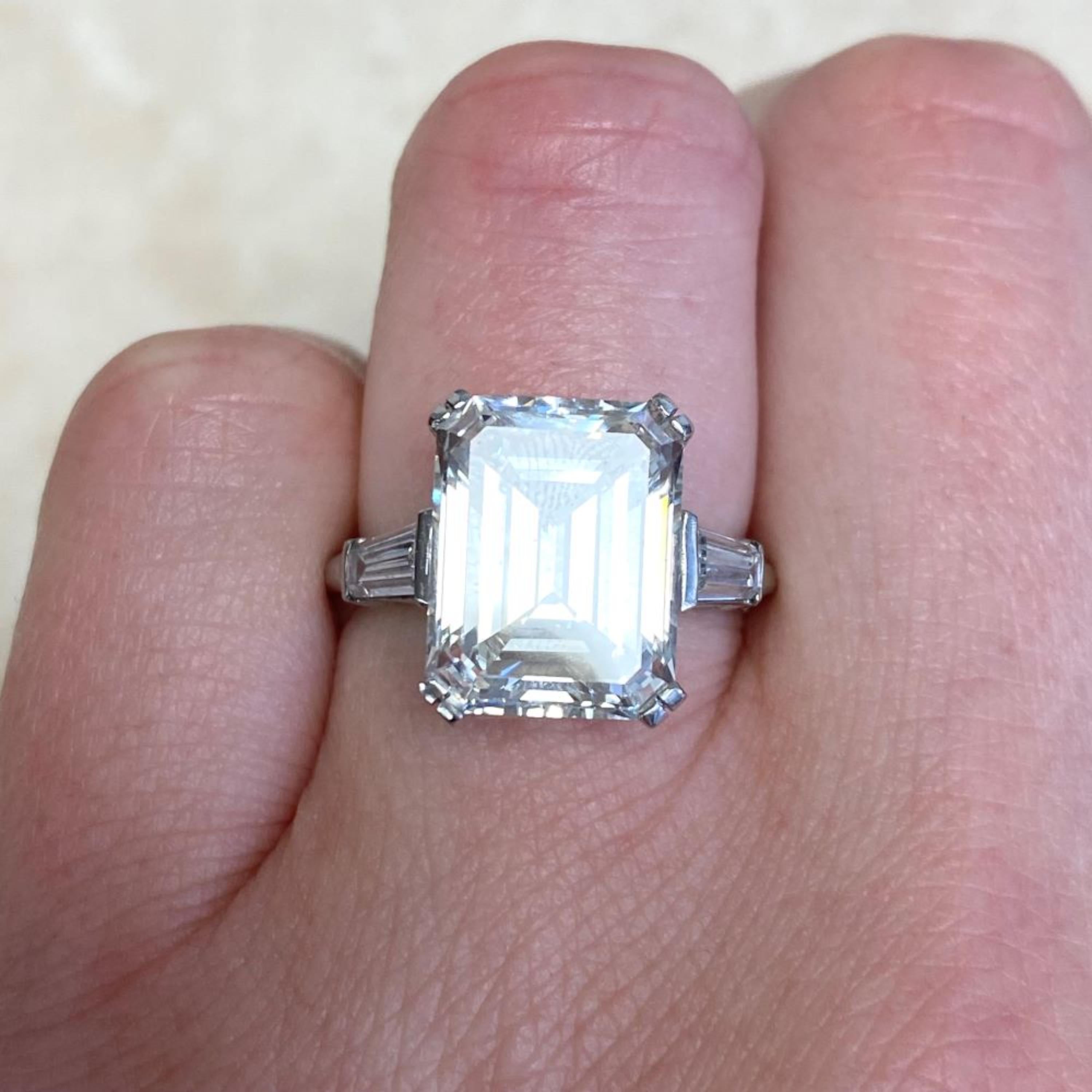 Platinum GIA Certified 6.42 Carat Emerald Cut Diamond Three-Stone Ring For Sale 1