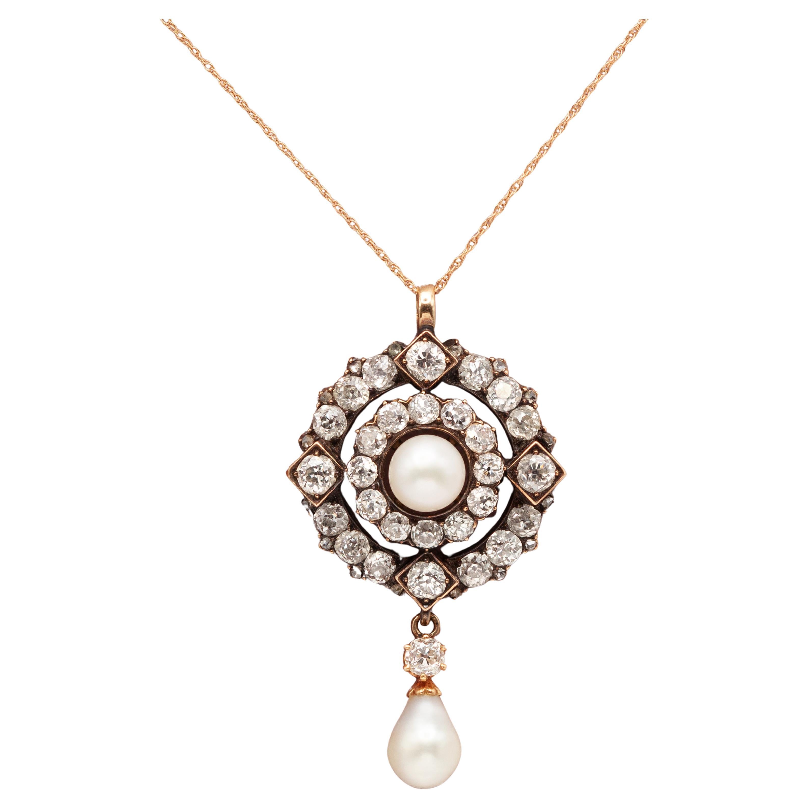 Antique GIA Certified Natural Pearl 14K Old Mine Diamond Pendant Necklace