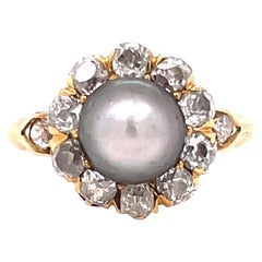 Antique GIA Natural Saltwater Pearl Diamond Cluster Ring