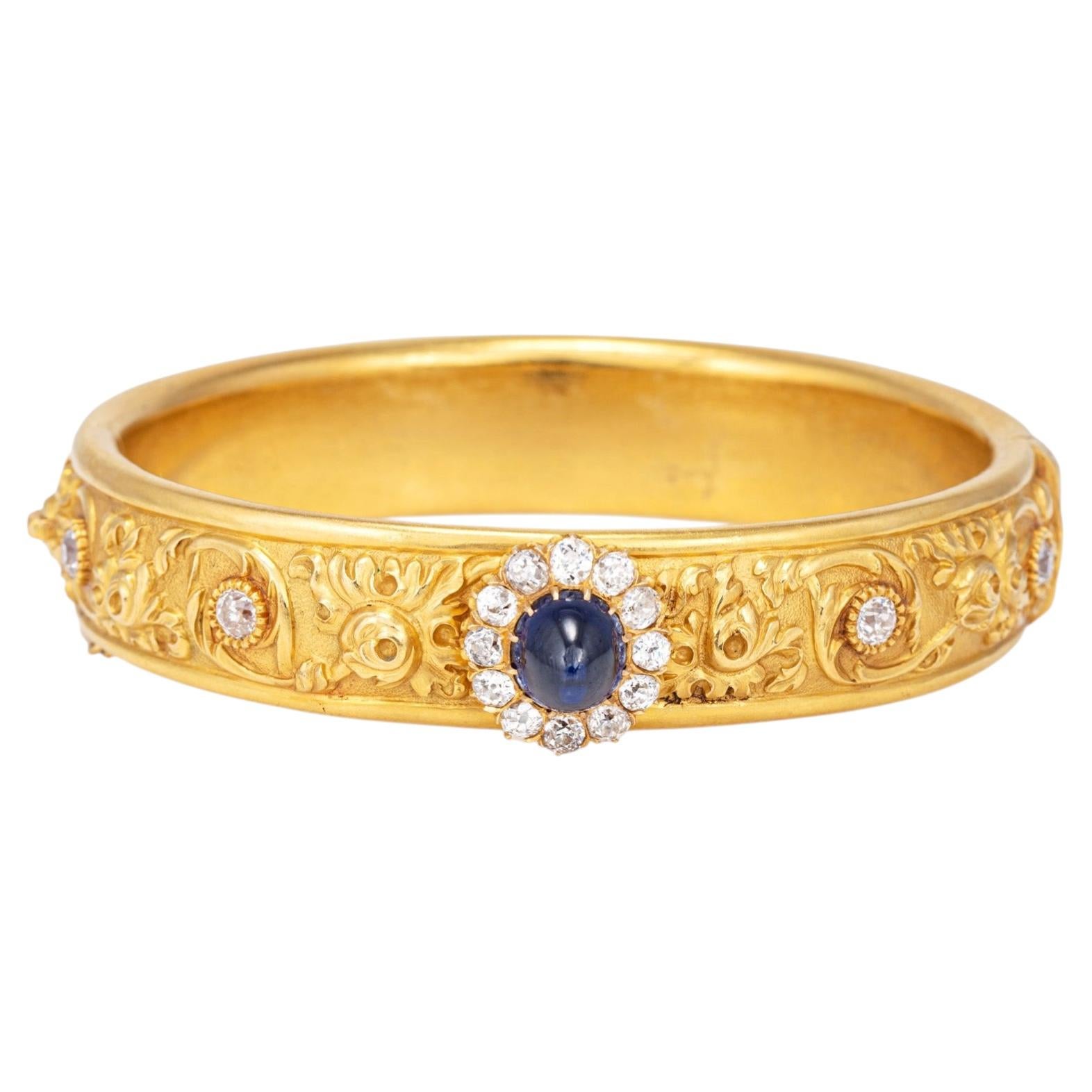 Bracciale antico con zaffiri e diamanti certificati GIA “No Heat”, in oro giallo 19k, Leitao & Irmao