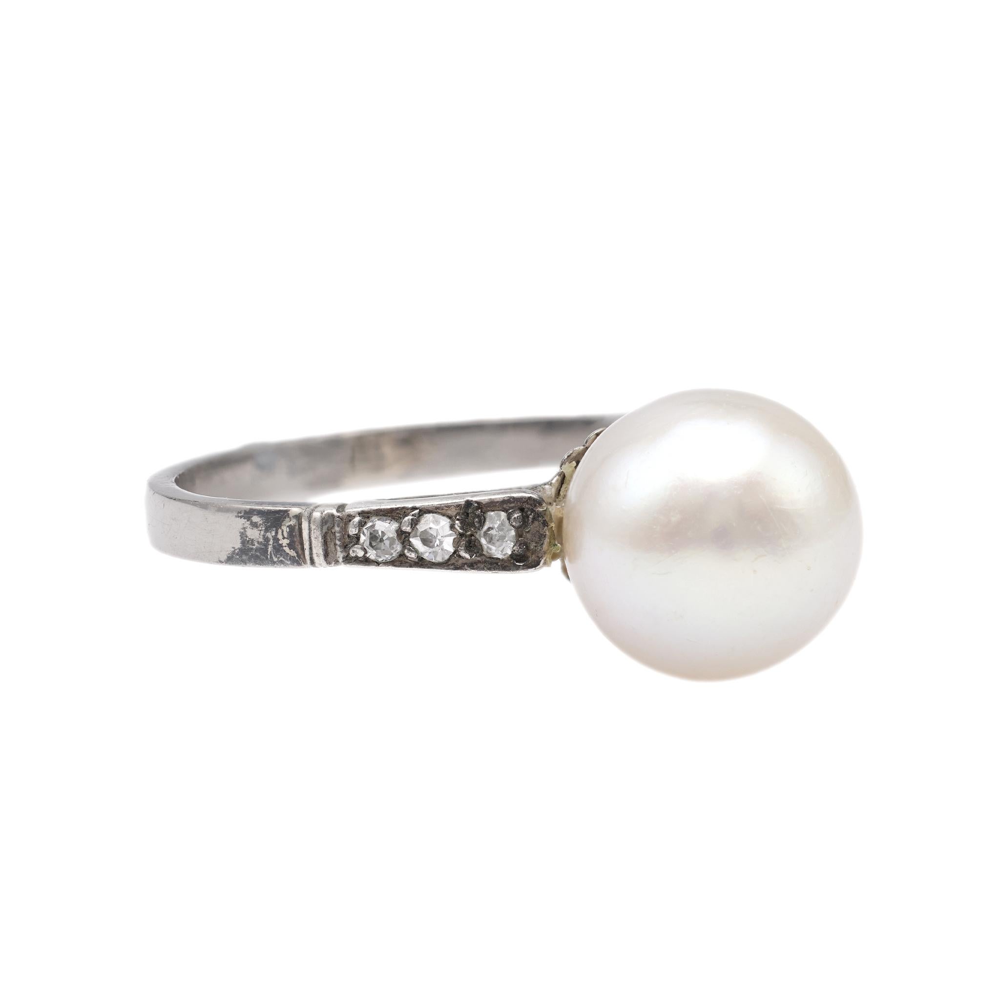 Women's or Men's Antique GIA Pearl and Diamond Platinum Silver Ring For Sale