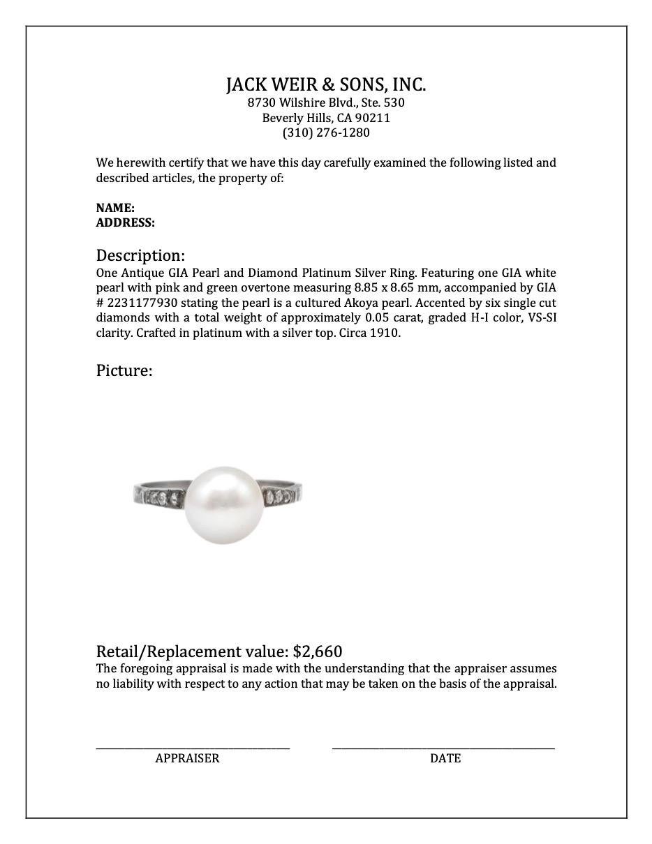 Antique GIA Pearl and Diamond Platinum Silver Ring For Sale 2