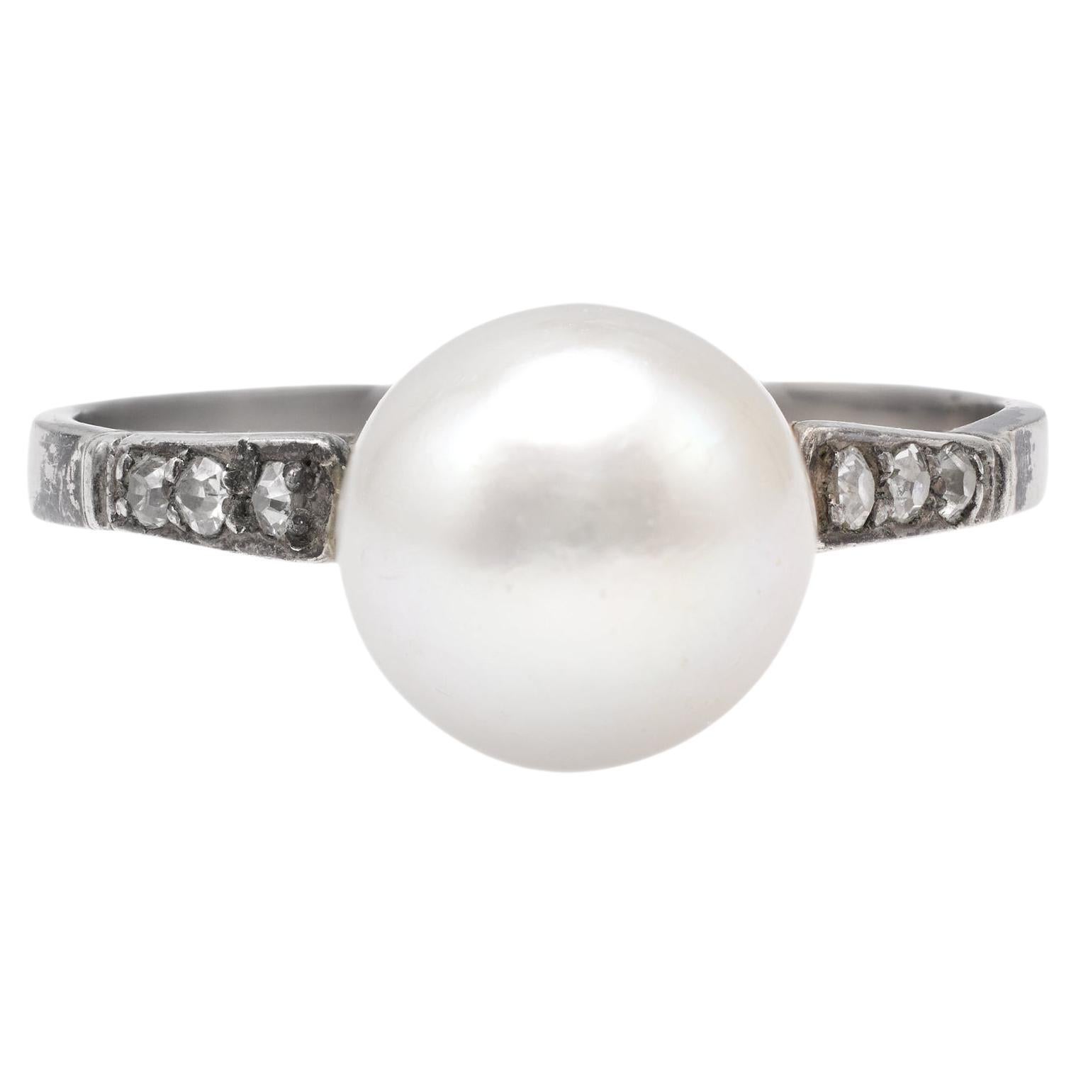 Antique GIA Pearl and Diamond Platinum Silver Ring For Sale