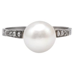 Antique GIA Pearl and Diamond Platinum Silver Ring