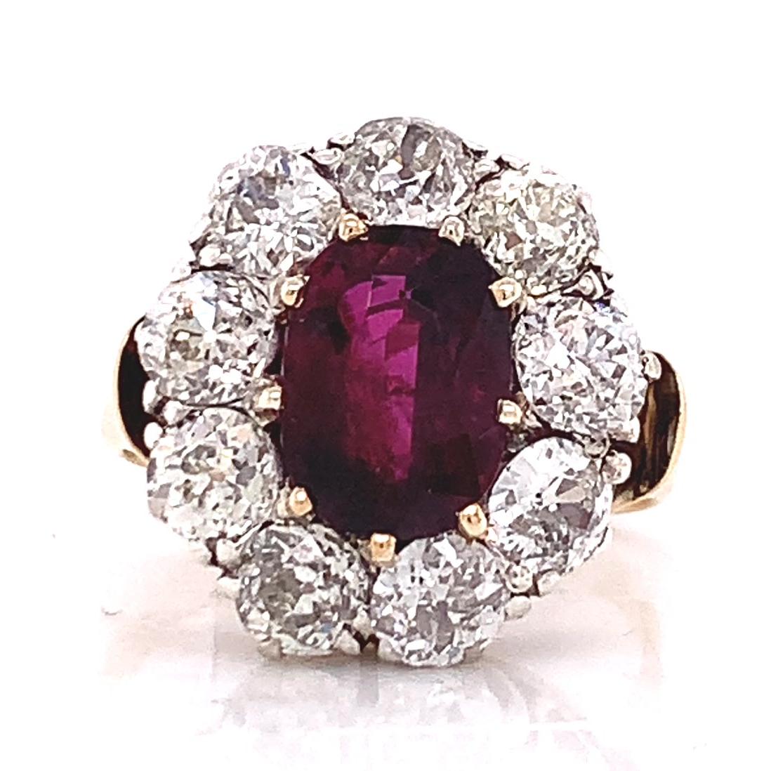 Women's or Men's Antique GIA Ruby Diamond Gold Cluster Ring