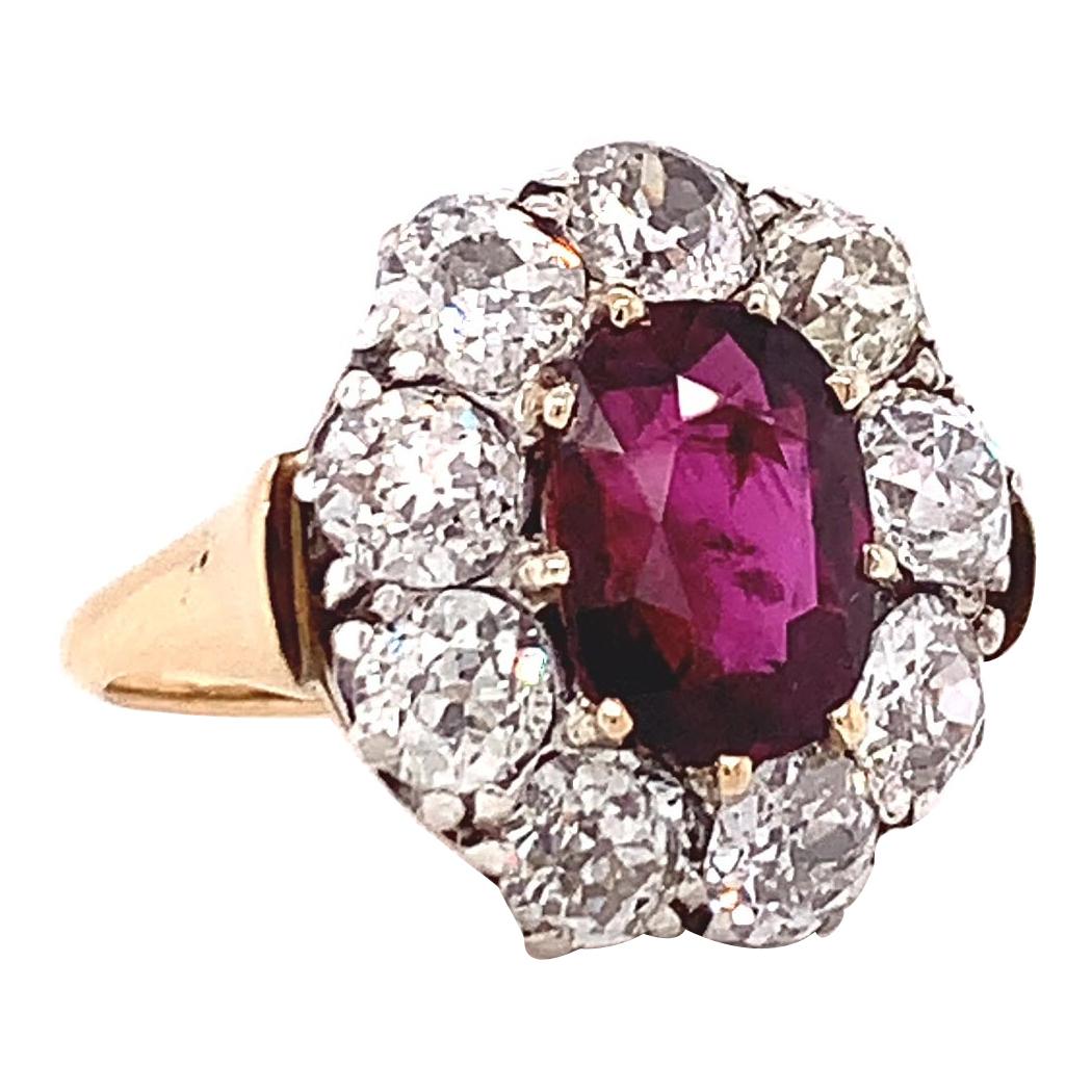 Antique GIA Ruby Diamond Gold Cluster Ring