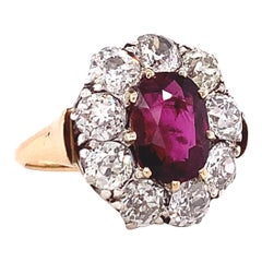 Antique GIA Ruby Diamond Gold Cluster Ring