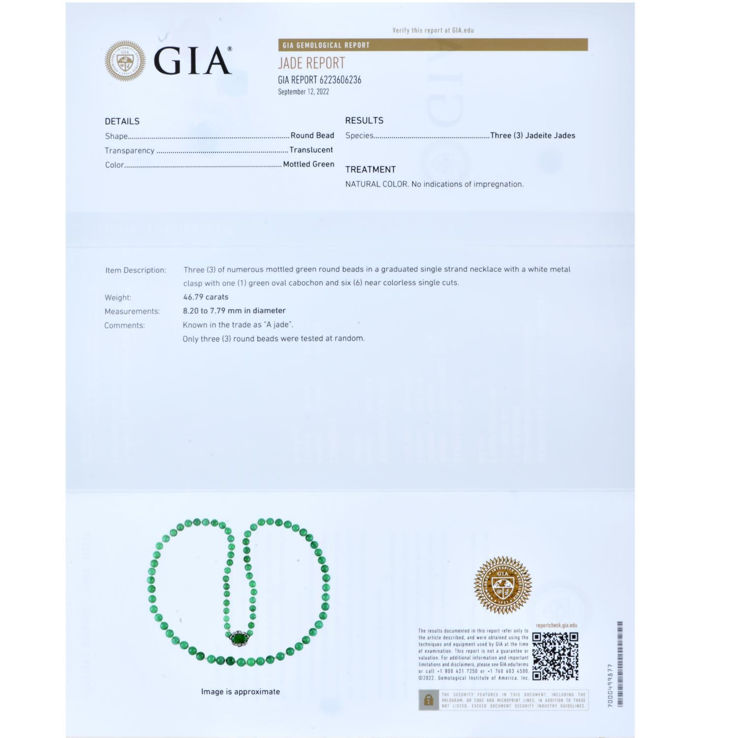 Antike GIA Vivid Natural Jade Diamant Deco Jade Gold Verschluss Strang Halskette Damen im Angebot