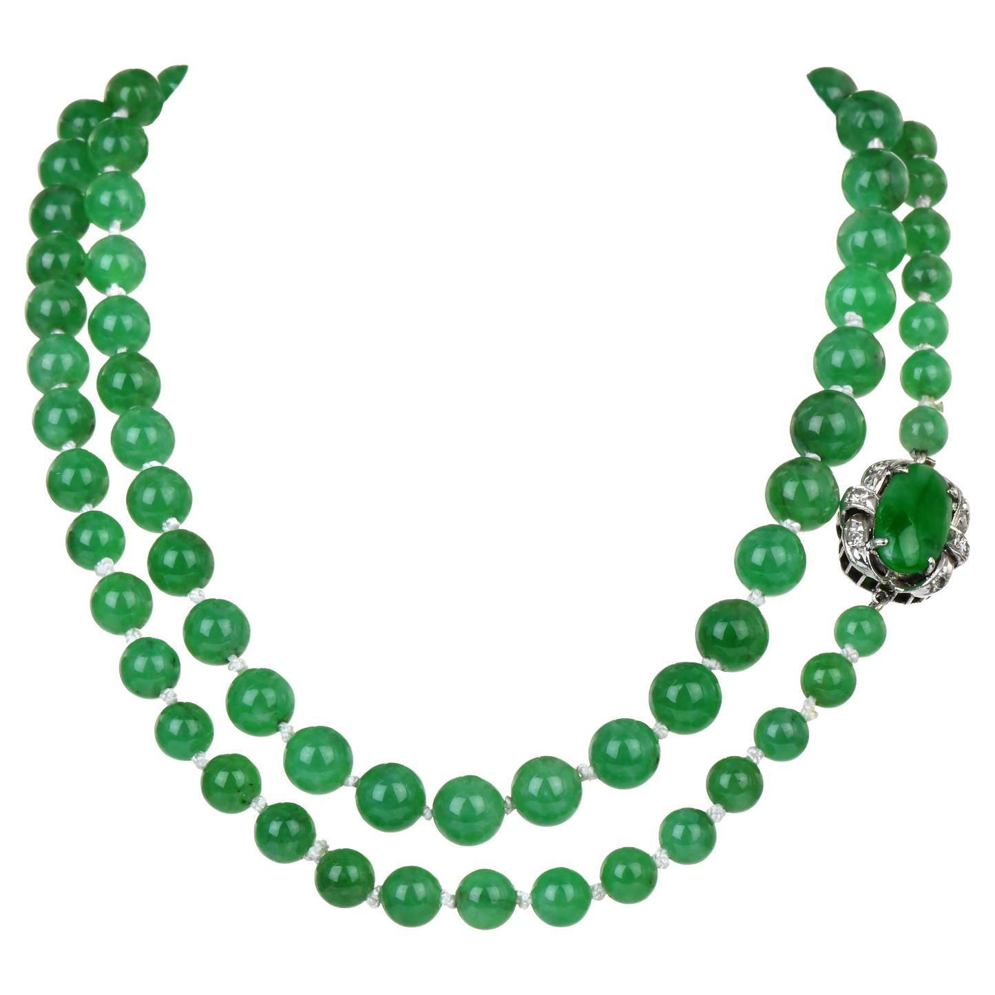 Antique GIA Vivid Natural Jade Diamond Deco Jade Gold Clasp Strand Necklace For Sale
