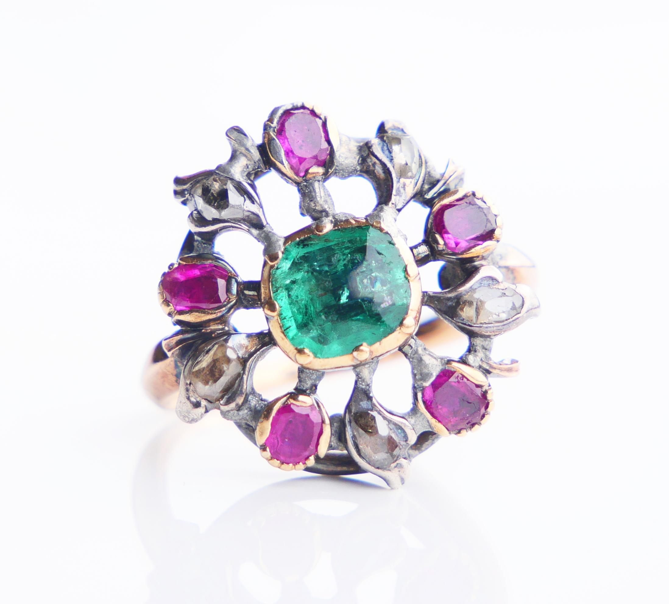 Antique Giardinetti Ring 1ct Emerald Diamond Ruby 14K Gold SilverØ 2.5US/4gr For Sale 5