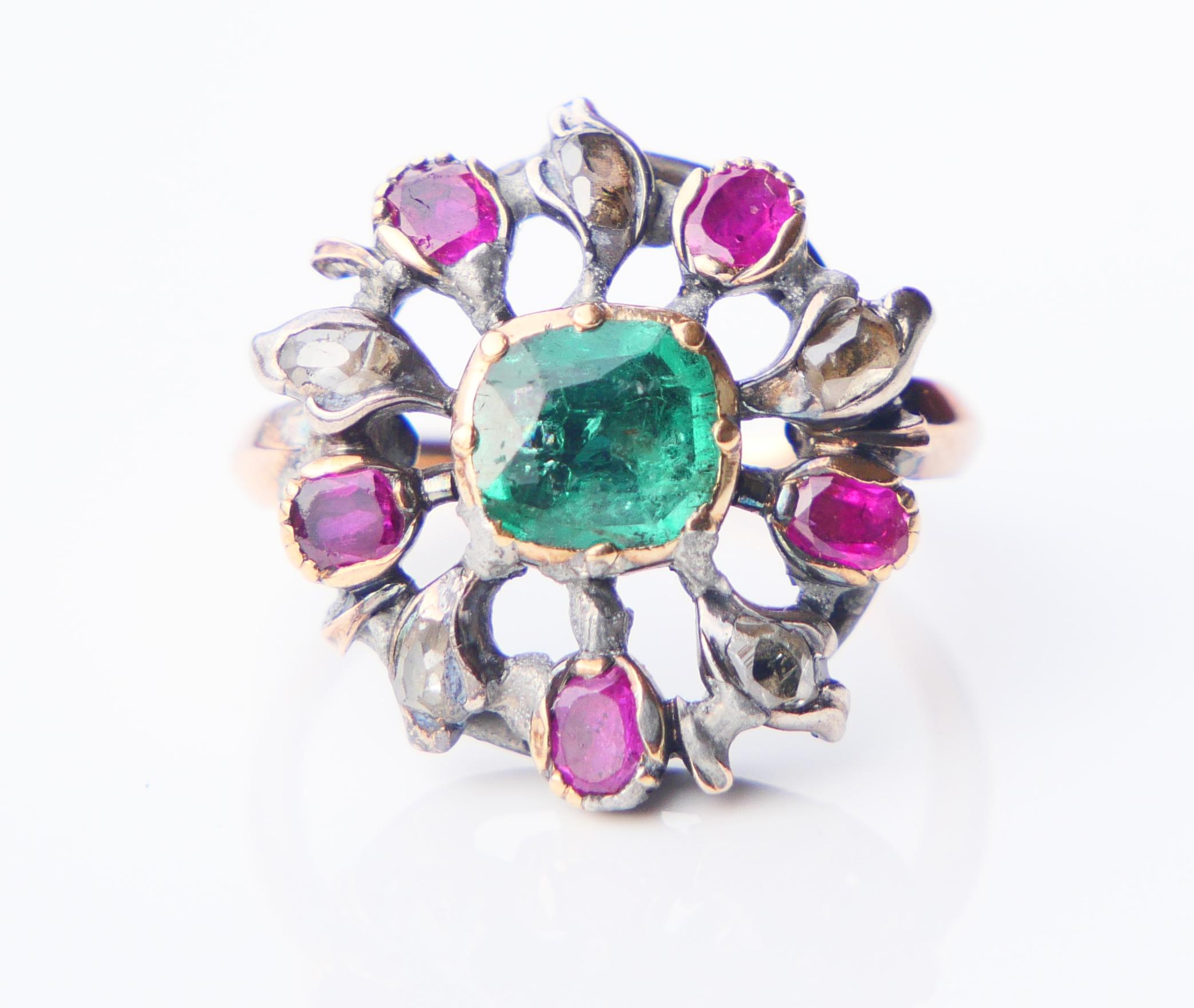 Antique Giardinetti Ring 1ct Emerald Diamond Ruby 14K Gold SilverØ 2.5US/4gr For Sale 6
