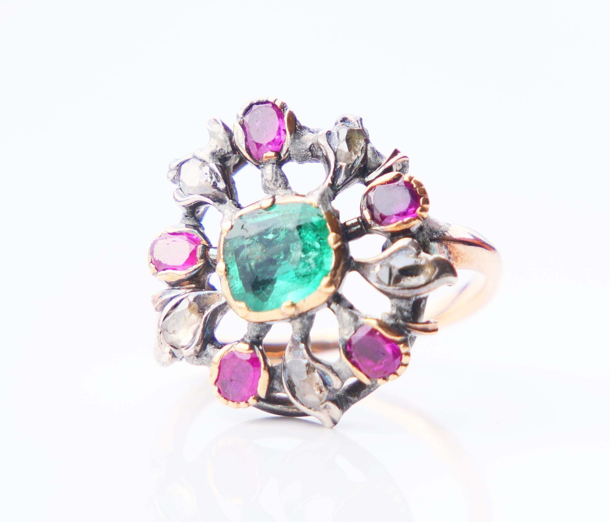 Antique Giardinetti Ring 1ct Emerald Diamond Ruby 14K Gold SilverØ 2.5US/4gr For Sale 7