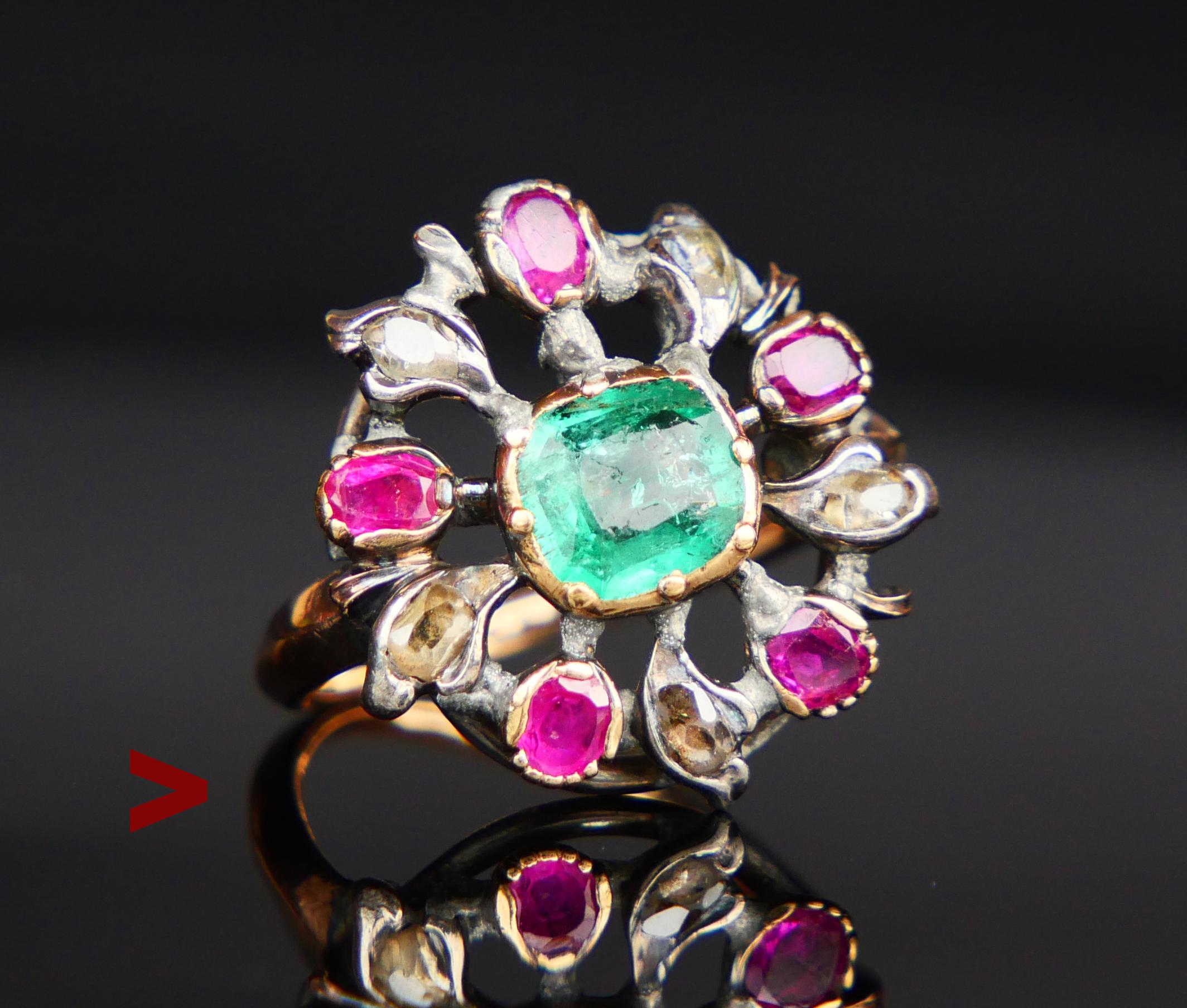 Ca. middle/late 18th. century ring, 14K Rose Gold band with a 'Giardinetto' (small garden) openwork crown with Silver and Yellow Gold top. Array of foiled back natural Emerald, natural Rubies, and Diamonds. No hallmarks, band tested solid 14K