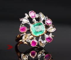 Antique Giardinetti Ring 1ct Emerald Diamond Ruby 14K Gold SilverØ 2.5US/4gr