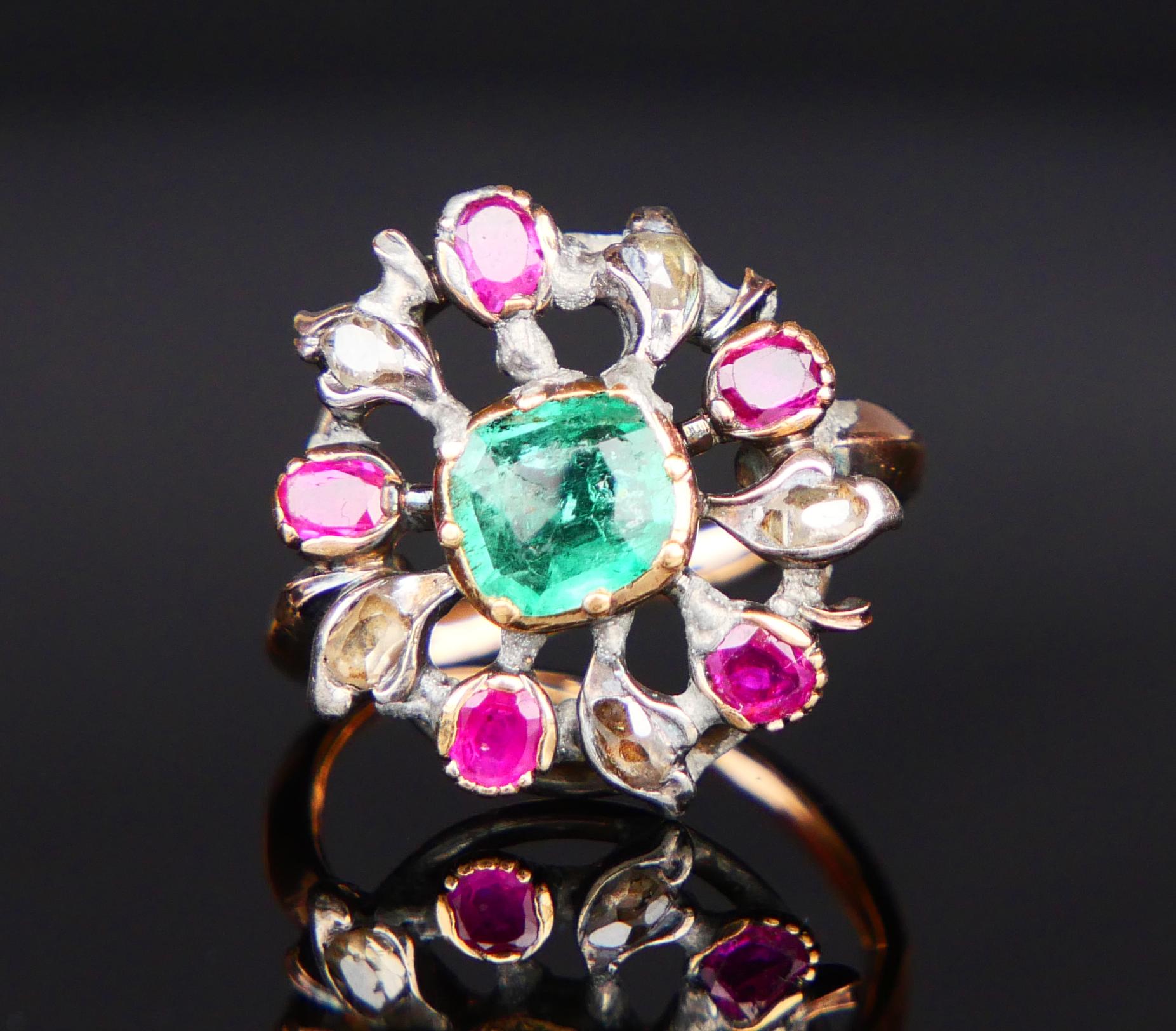 Romantic Antique Giardinetti Ring 1ct Emerald Diamond Ruby 14K Gold SilverØ 2.5US/4gr For Sale