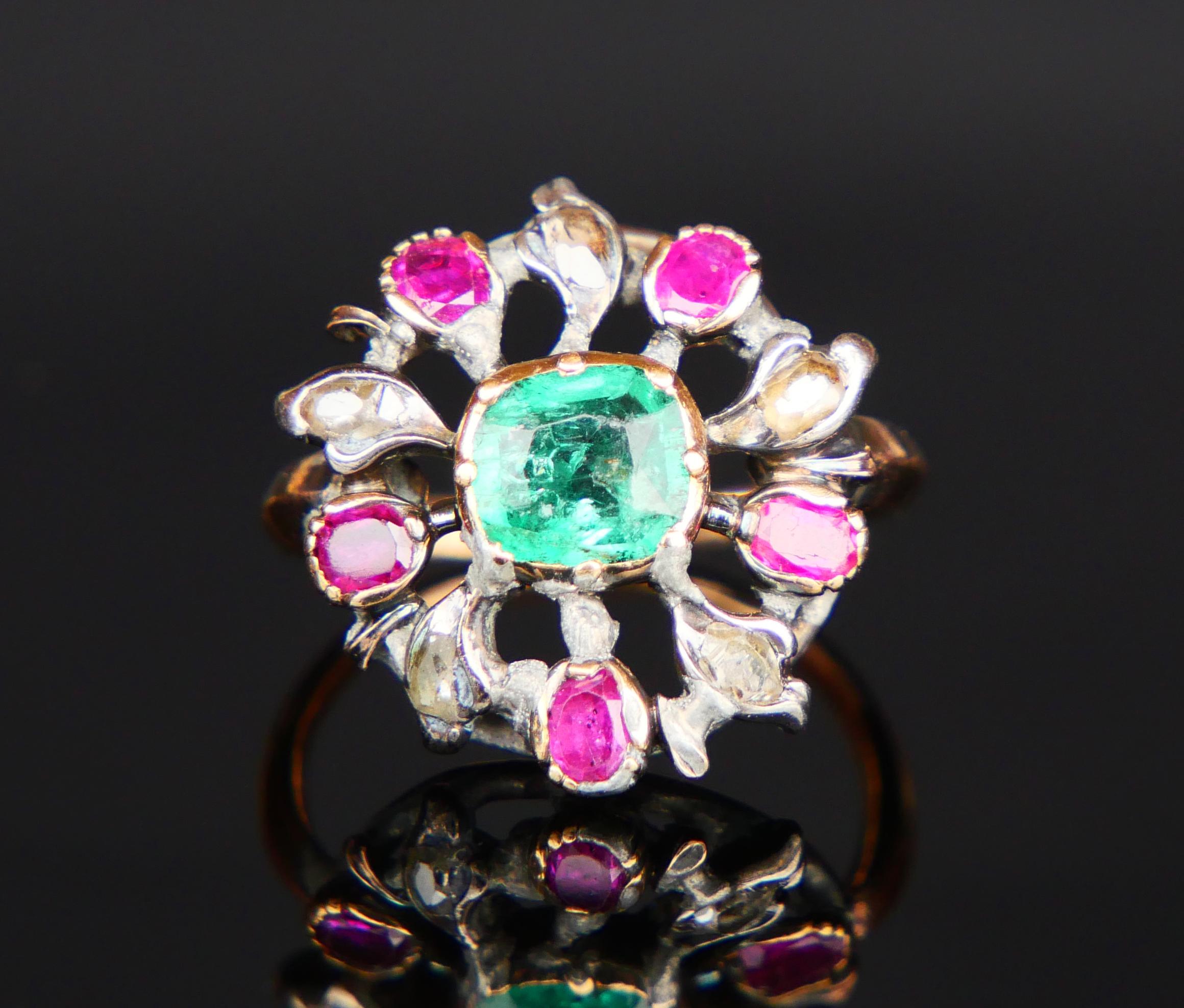 Old European Cut Antique Giardinetti Ring 1ct Emerald Diamond Ruby 14K Gold SilverØ 2.5US/4gr For Sale