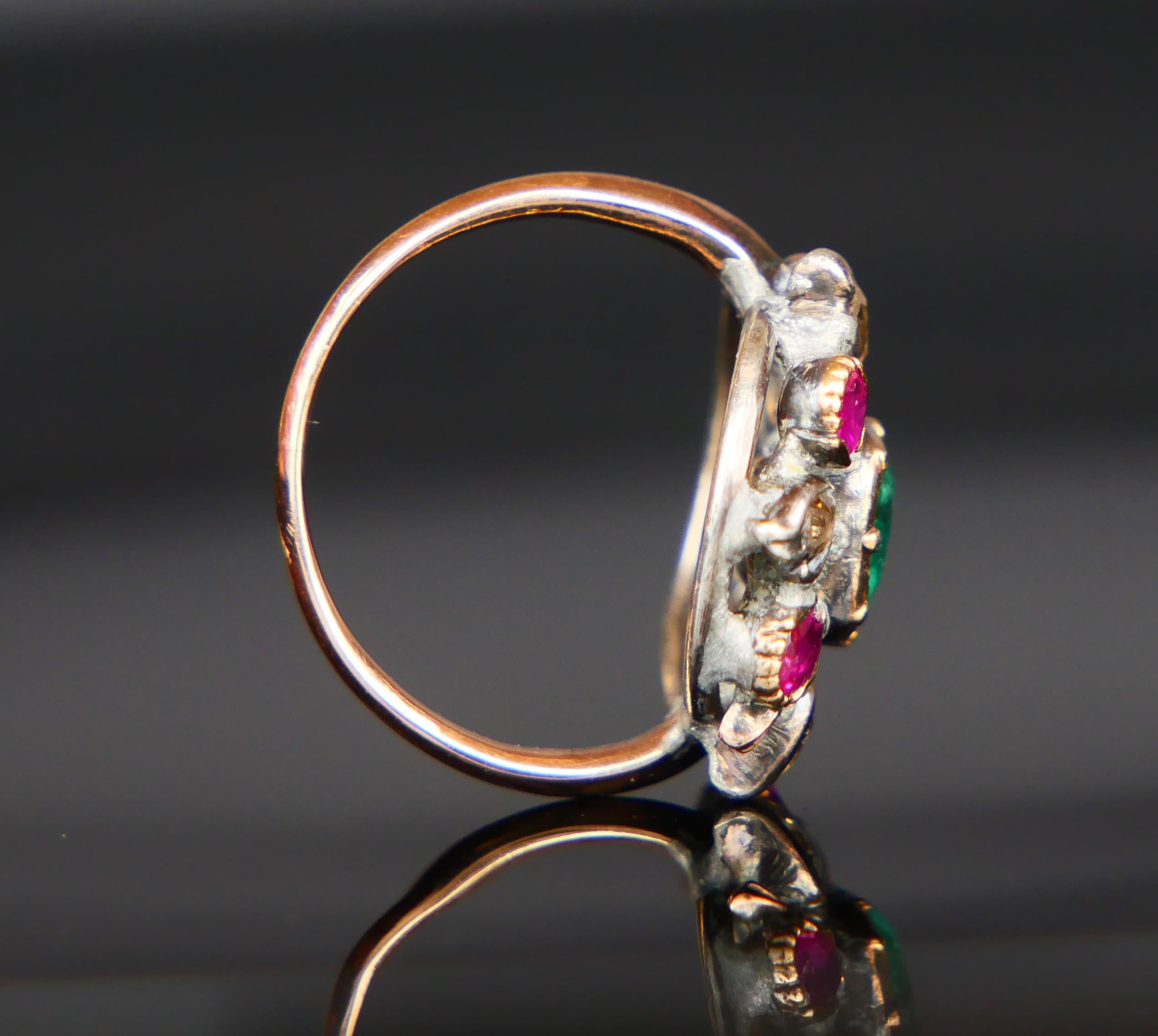Antique Giardinetti Ring 1ct Emerald Diamond Ruby 14K Gold SilverØ 2.5US/4gr For Sale 1