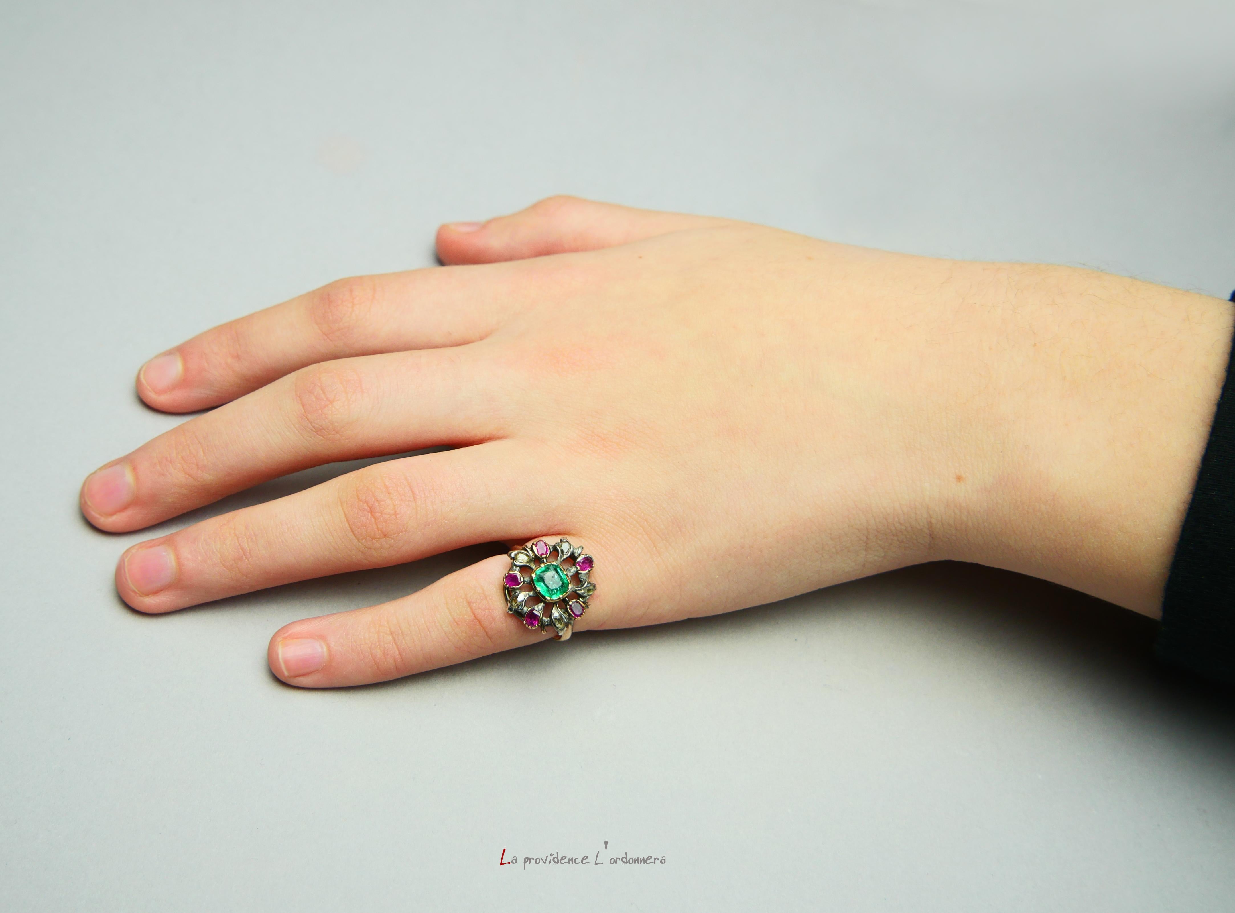 Antique Giardinetti Ring 1ct Emerald Diamond Ruby 14K Gold SilverØ 2.5US/4gr For Sale 3