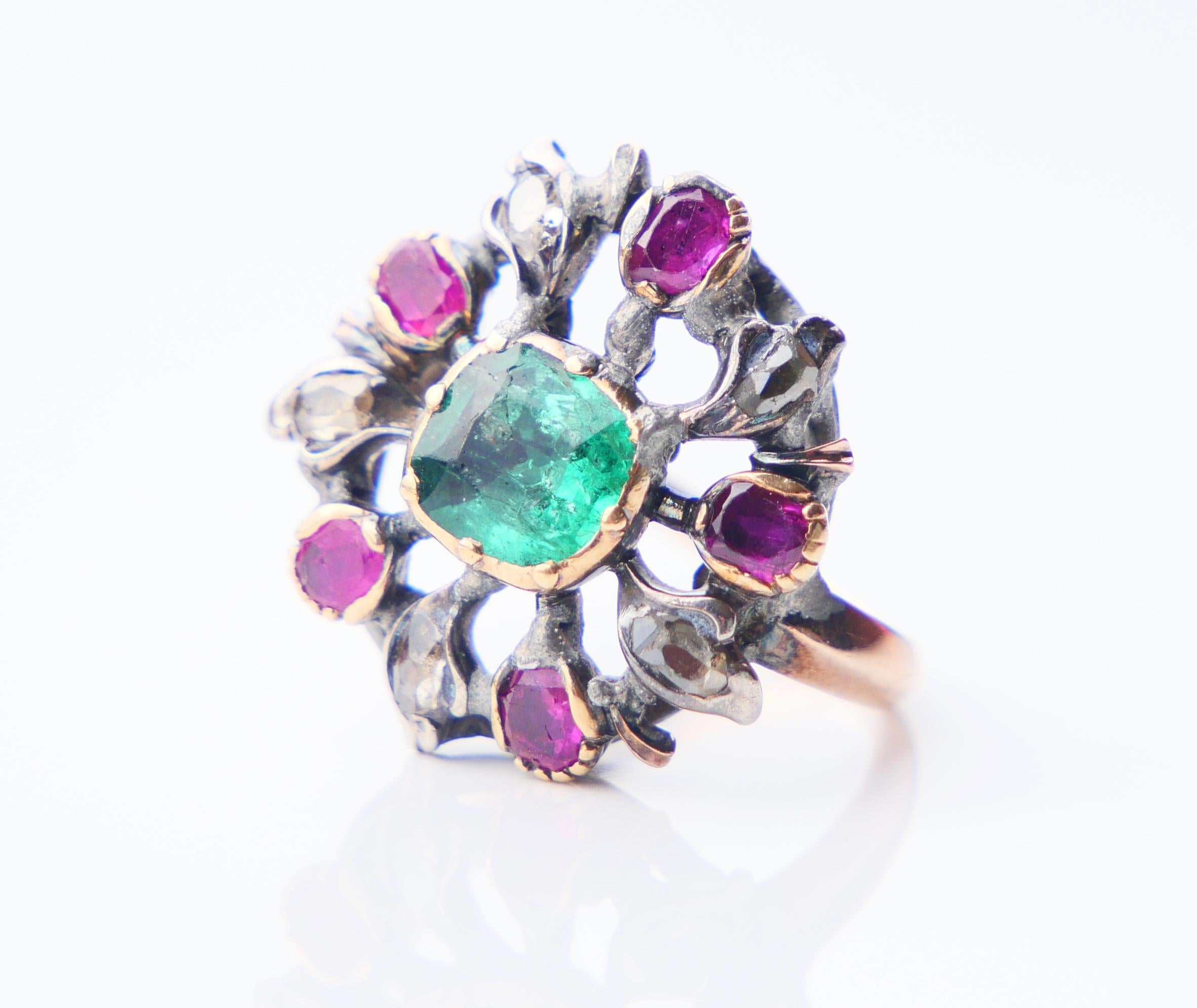 Antique Giardinetti Ring 1ct Emerald Diamond Ruby 14K Gold SilverØ 2.5US/4gr For Sale 4
