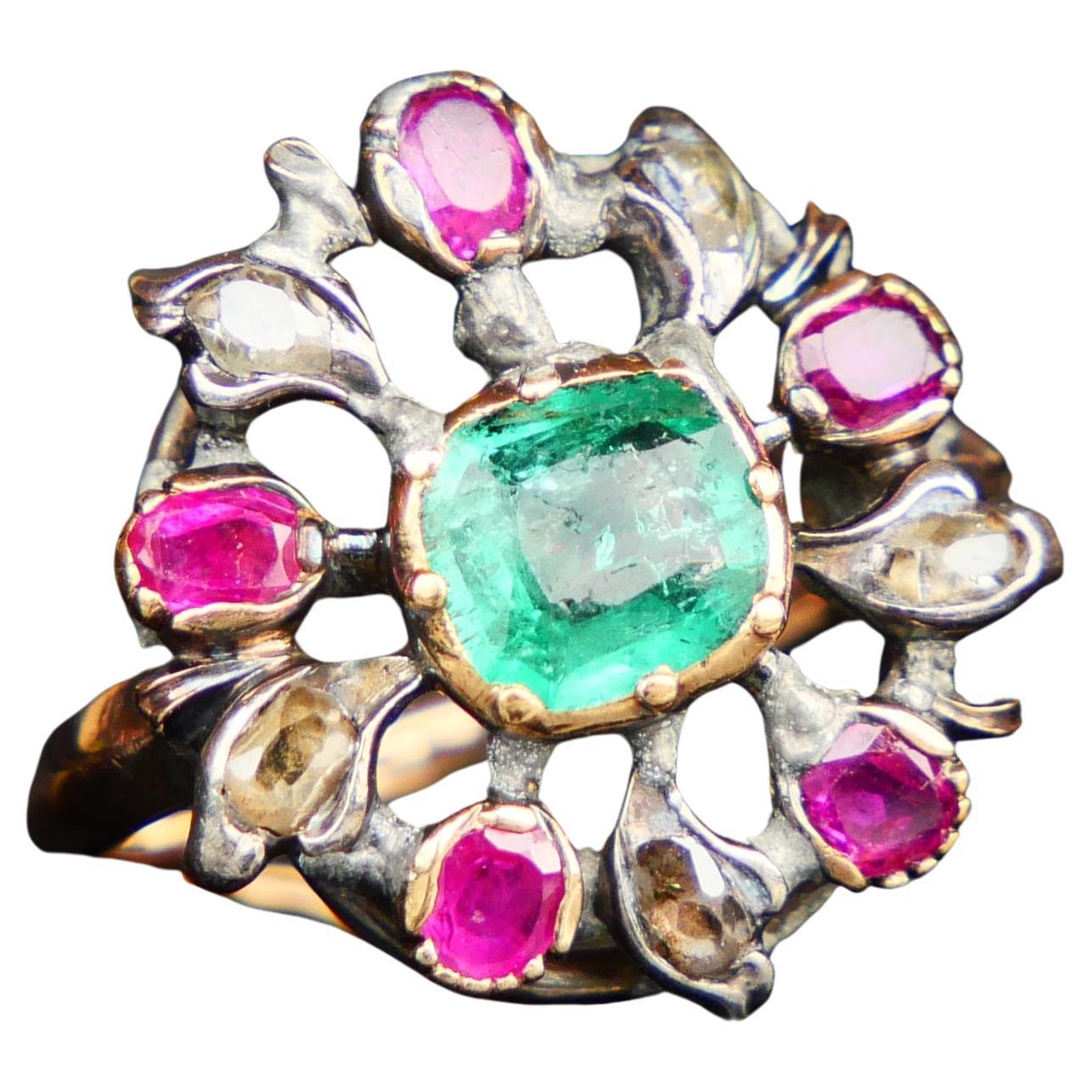 Antique Giardinetti Ring 1ct Emerald Diamond Ruby 14K Gold SilverØ 2.5US/4gr