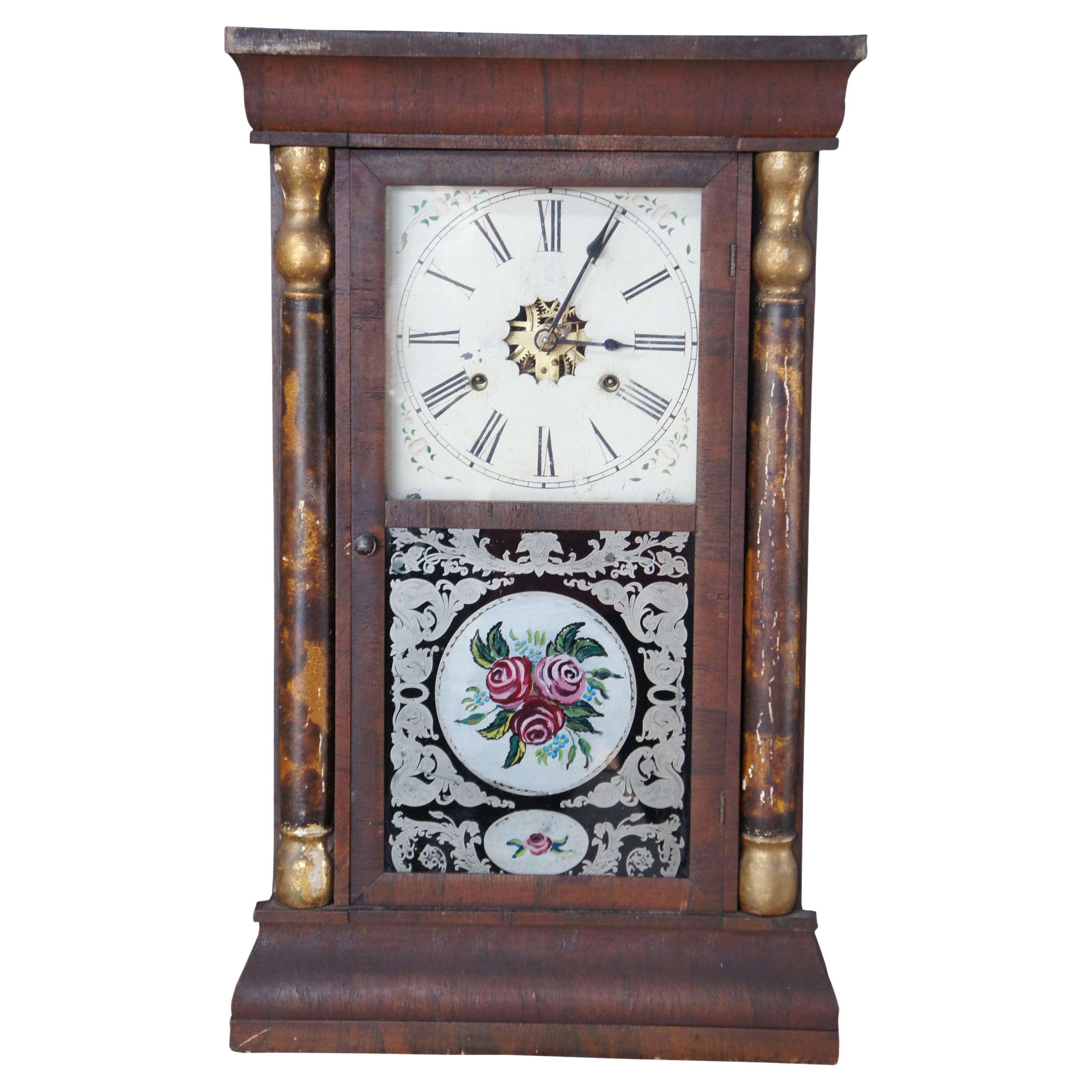 Horloge de cheminée ancienne Gilbert Manufacturing American Empire en acajou 30 Hr en vente