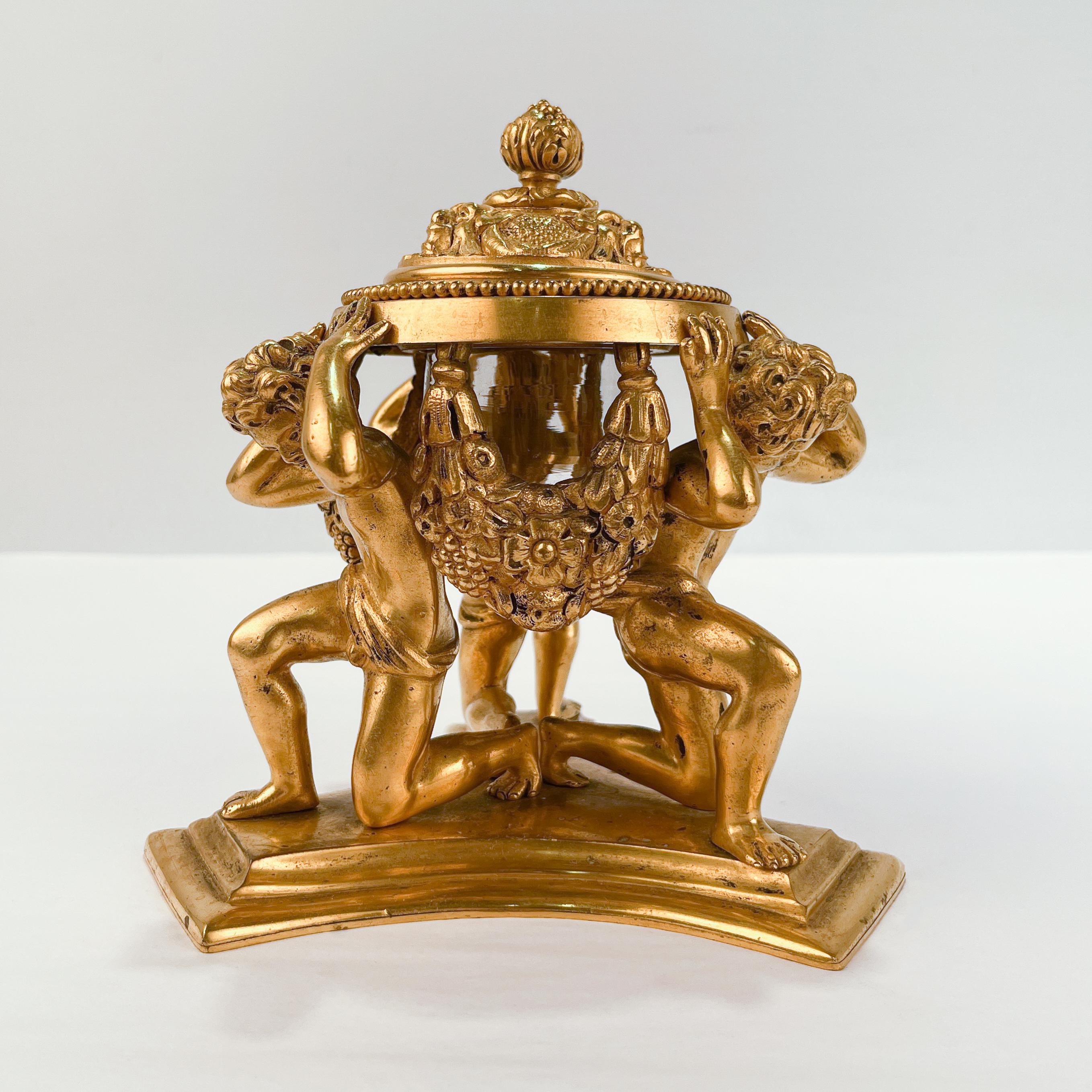 Edwardian Antique Gilded Age Figural Gilt Bronze Inkwell by E.F. Caldwell
