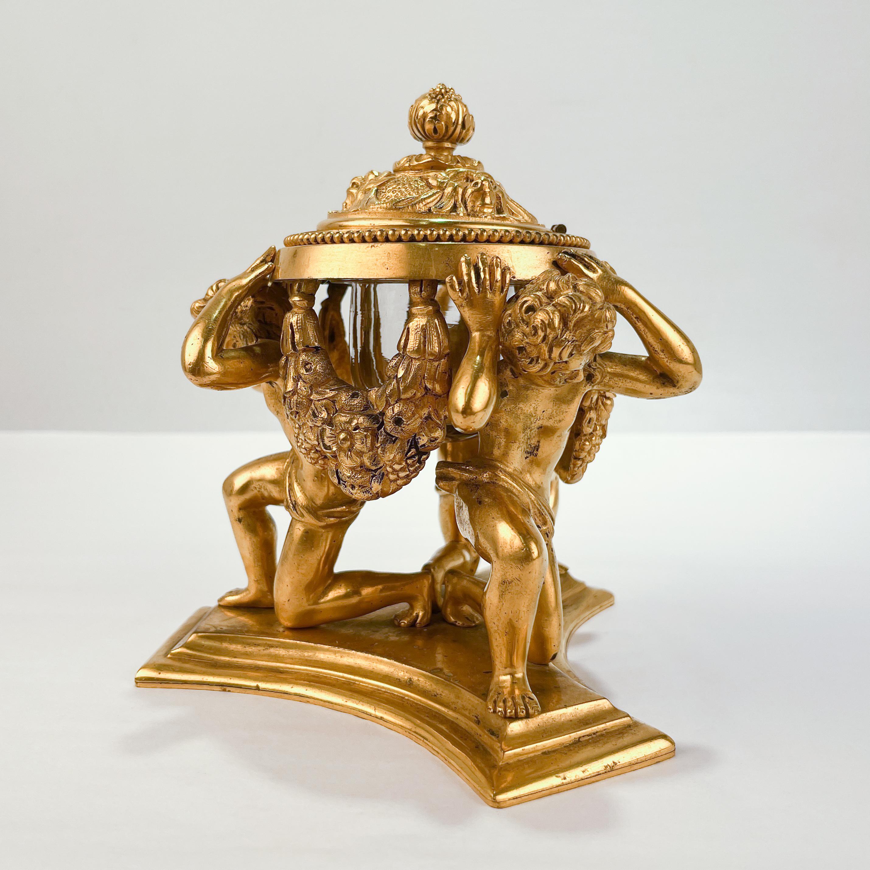 American Antique Gilded Age Figural Gilt Bronze Inkwell by E.F. Caldwell